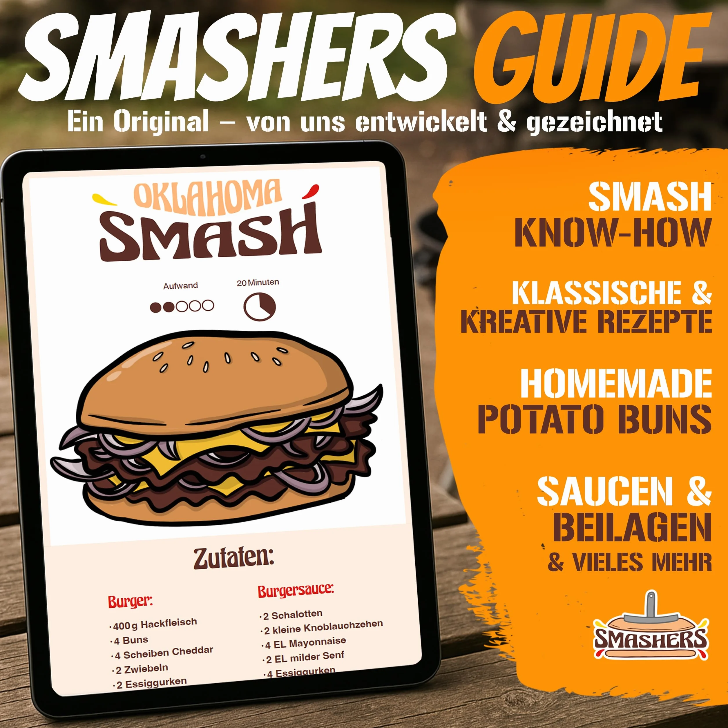 SMASHERS Smash zestaw do burgerów – zestaw do burgerów z prasą do burgerów, szpachelką do grilla, szpatułką do patelni i dzwonkiem do burgerów - w zestawie e-book z przepisami na smash burgery i