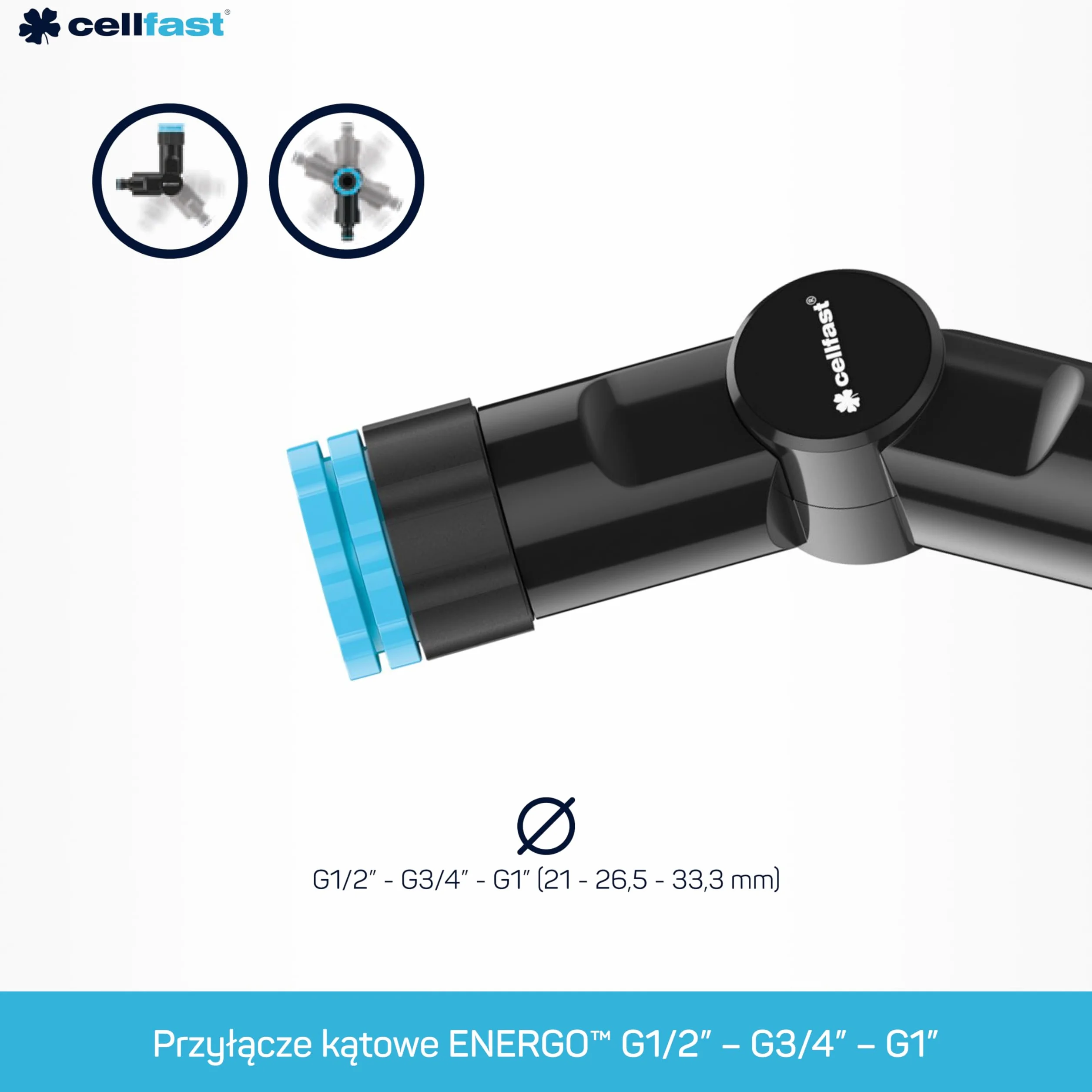 Cellfast Uniwersalna złączka kątowa z gwintem wewnętrznym, szybkozłączka z tworzywa sztucznego ABS, G1/2", G3/4", G1", 53-250