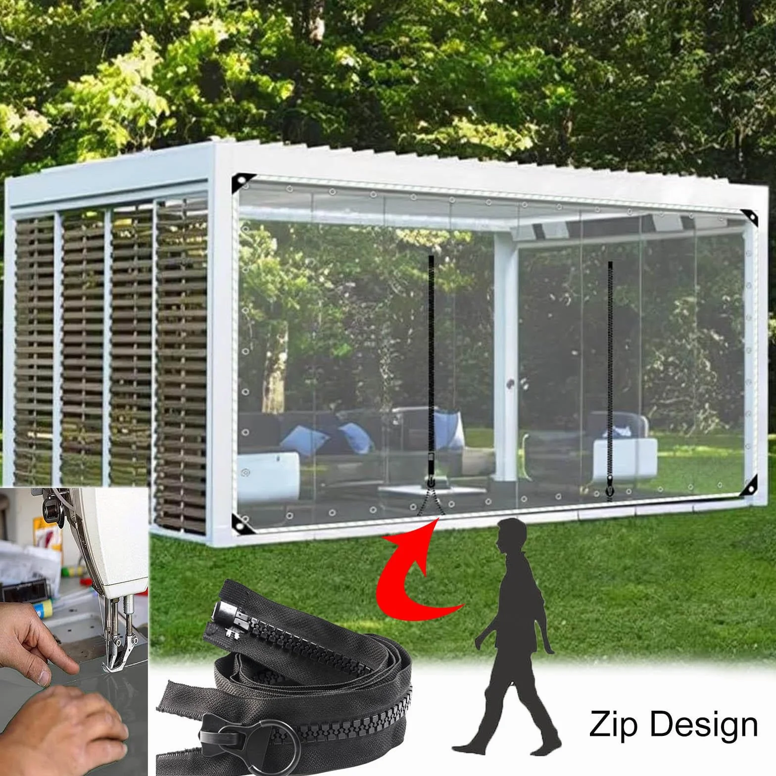Przezroczysta plandeka z drzwiami na zamek błyskawiczny, 0,5 mm, wytrzymała, wodoodporna, przezroczysta, panele boczne, pergola zewnętrzna, patio, weranda, pawilon, zasłona działowa, szer. x wys. 2,8