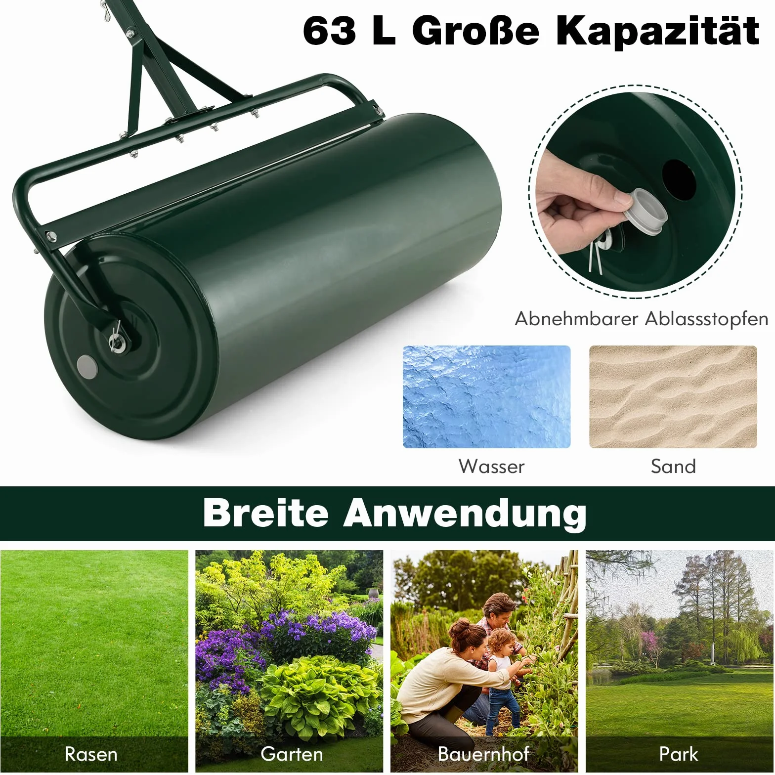 FANTASK Walec do trawy metalowy 30 cm z uchwytem 63 l napełniany wodą i piaskiem