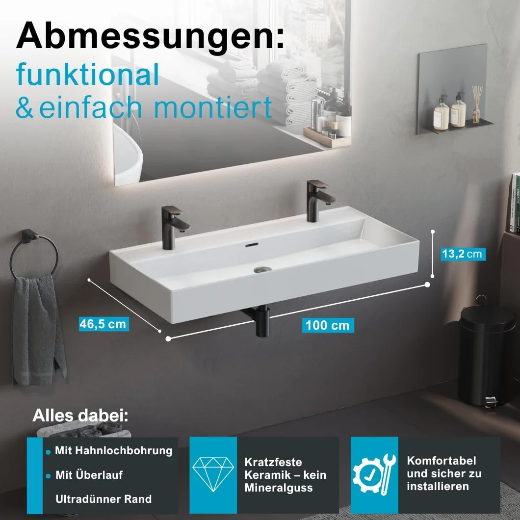 Aqua Bagno podwójna umywalka ceramiczna 100 cm biała – prostokątna, 2 otwory na baterię, nowoczesny design, montaż ścienny lub na meblu