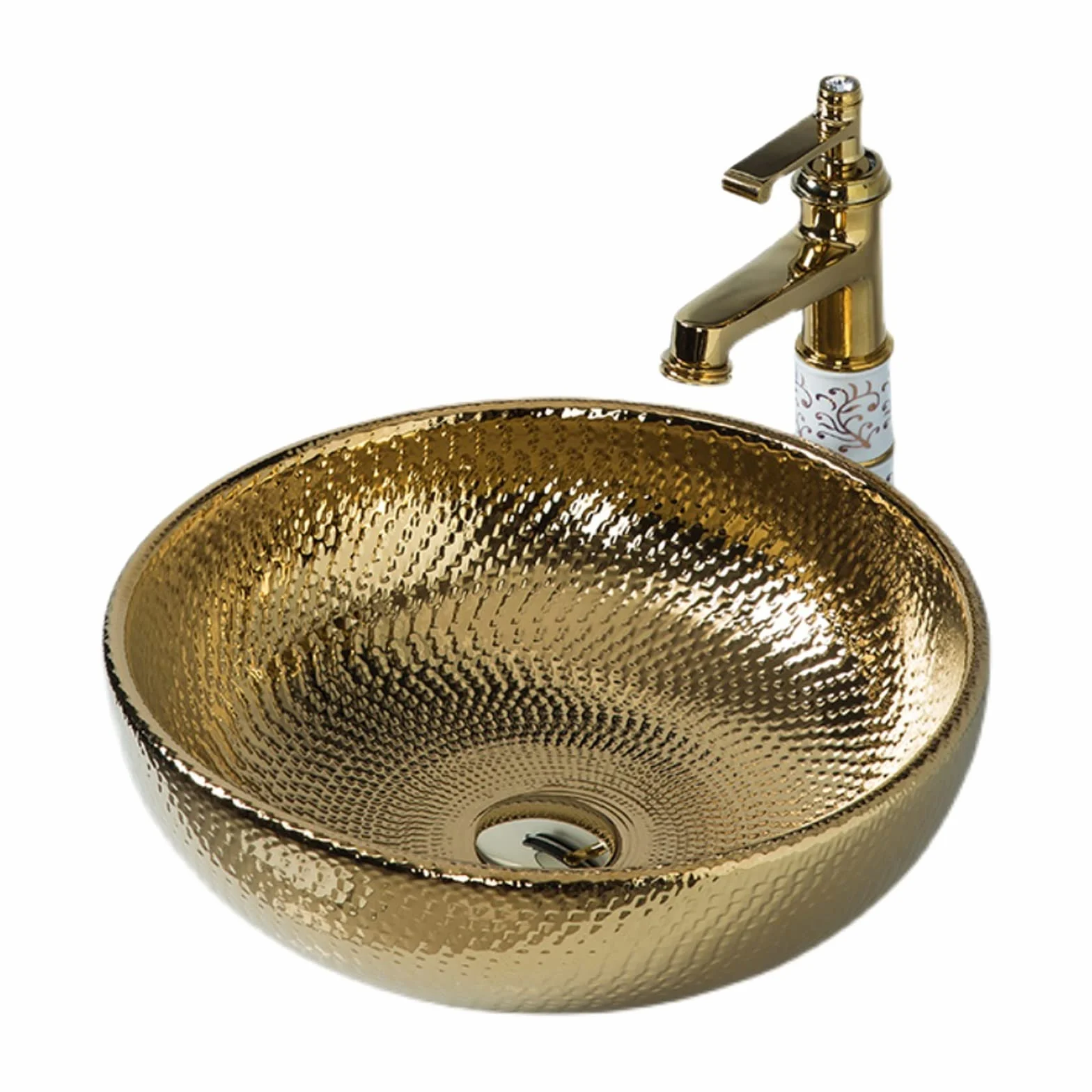 Złota Umywalka Nablatowa, Okrągła Porcelanowa Umywalka Artystyczna, Umywalka Artystyczna Z Kranem I Odpływem, Ceramiczna Umywalka Nablatowa