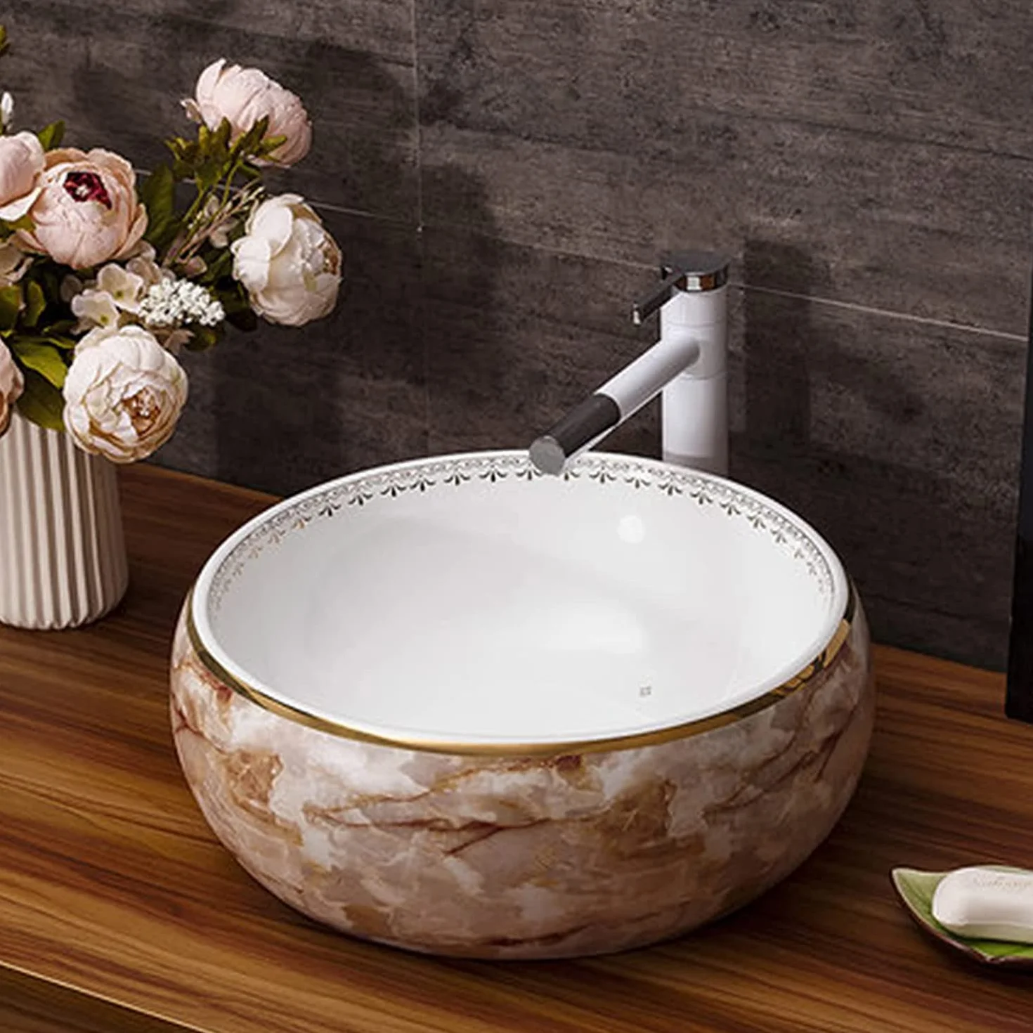 Ceramiczna Umywalka Łazienkowa, Okrągła Umywalka Łazienkowa, Umywalka Nablatowa, Umywalka Artystyczna, Umywalka Nablatowa, Wzór Marmuru, Ceramiczna Umywalka Nablatowa, 41X14 C,Singlevesselsink
