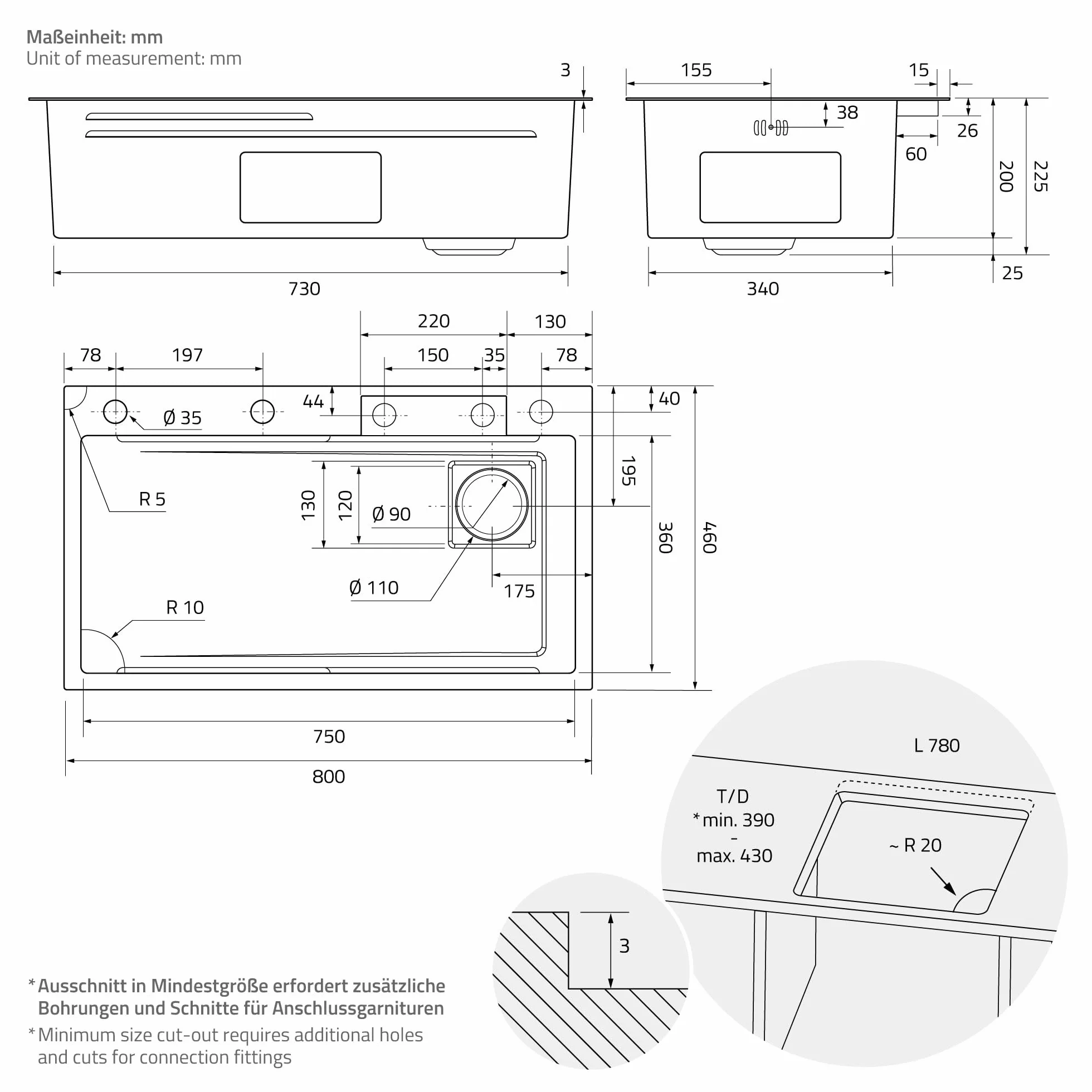 ML-Design Zlewozmywak antracytowy ze stali nierdzewnej 80x46 cm, prostokatny model kuchenny z bateria, podblatowa umywalka z syfonem