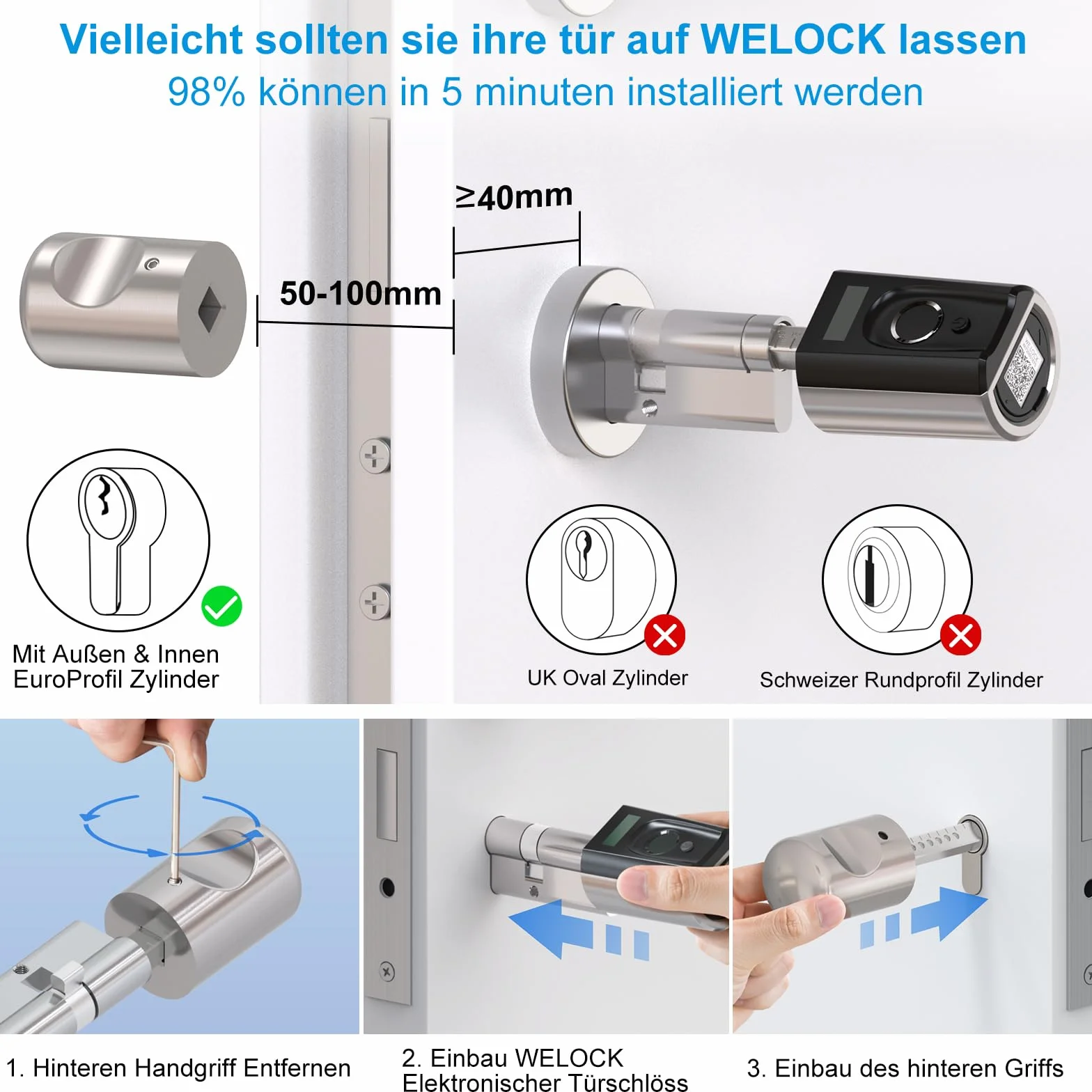 WELOCK Touch41 zamki do drzwi elektroniczne z odciskiem palca, otwieracz wejściowy z aplikacją, karta RFID, WiFi, IP65, regulowany, 50-100 mm