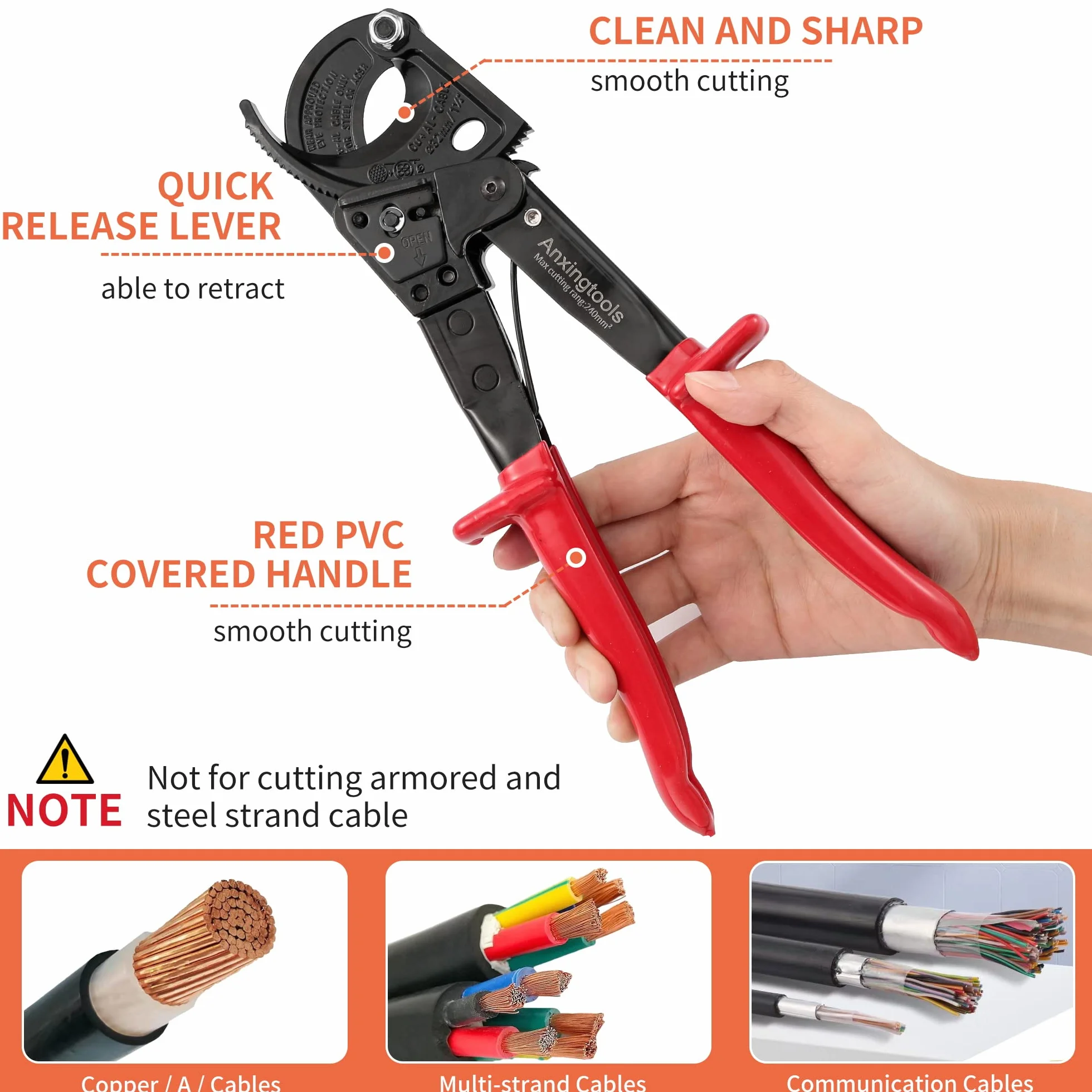Anxingtools nożyce do drutu z grzechotką, do kabli aluminiowych i miedzianych do 240 mm² (HS325)