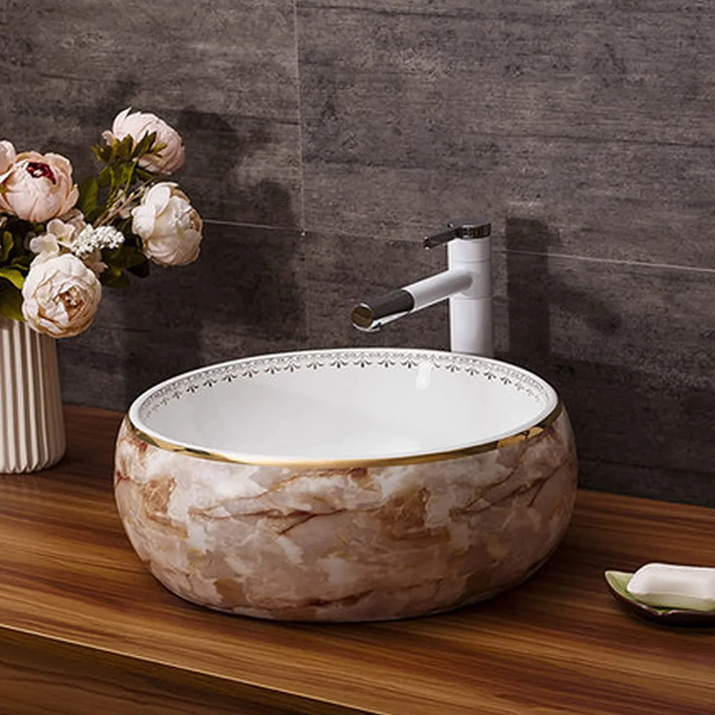 Ceramiczna Umywalka Łazienkowa, Okrągła Umywalka Łazienkowa, Umywalka Nablatowa, Umywalka Artystyczna, Umywalka Nablatowa, Wzór Marmuru, Ceramiczna Umywalka Nablatowa, 41X14 C,Singlevesselsink