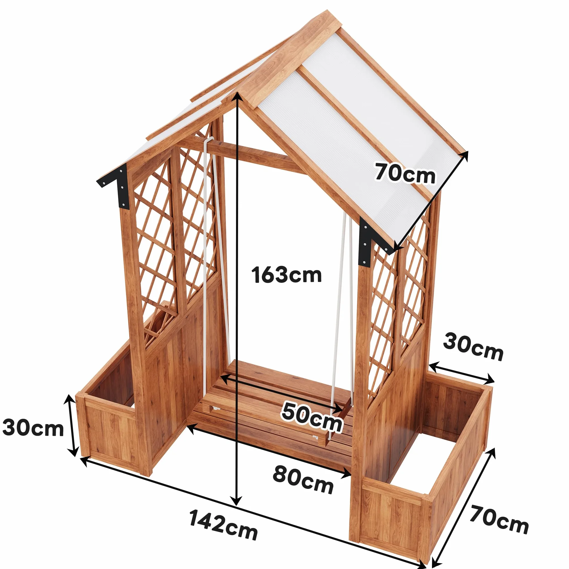 Pergola ze skrzynką na kwiaty i huśtawką, drewniana kratka na rośliny, skrzynka na rośliny, kratka dla roślin pnących