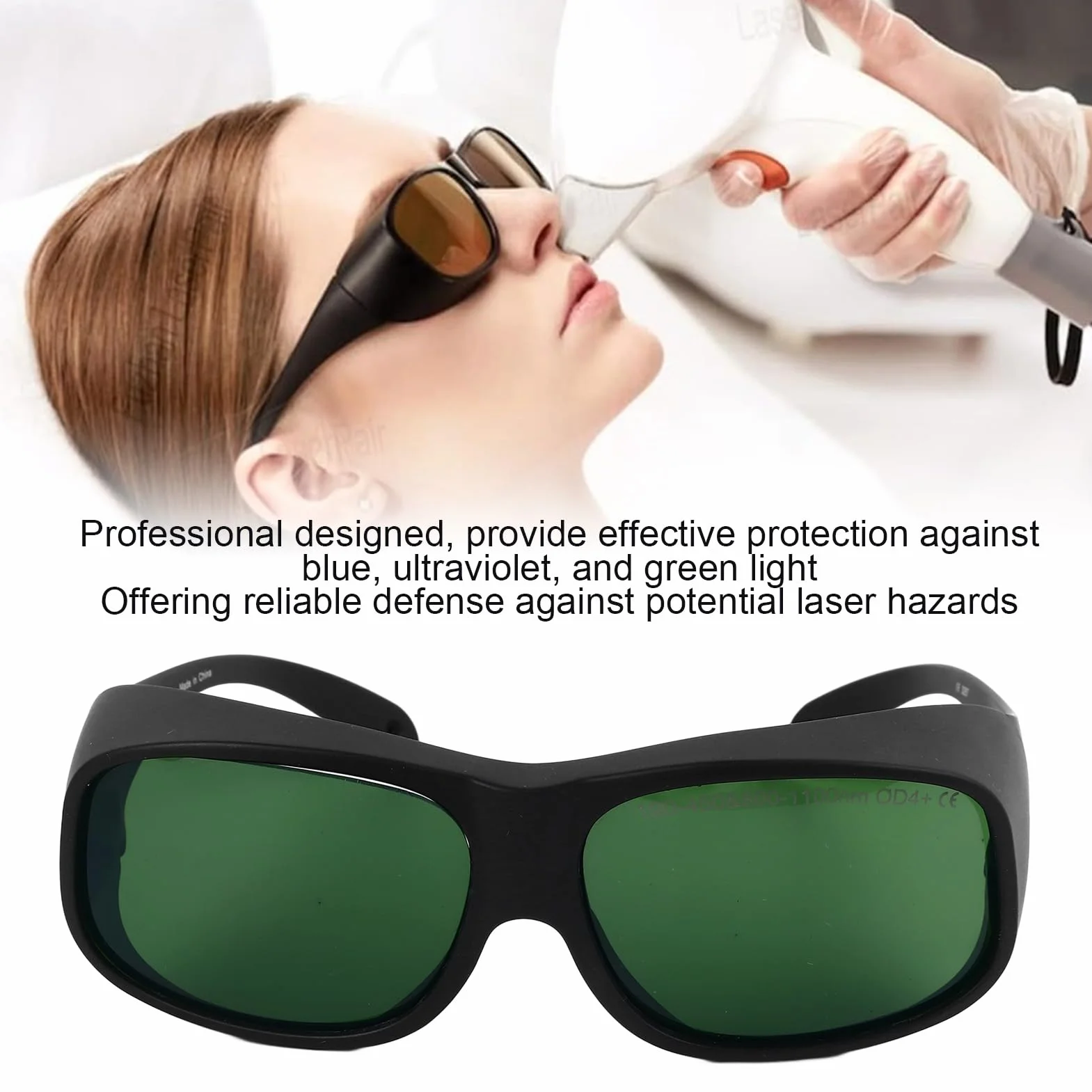 Laserowe Okulary Ochronne 1064nm Wysoka przepuszczalność Antylaserowa Ochrona Oczu dla Urządzenia OPT Beauty TR90 Materiał Czarna Ramka Zielona Soczewka OD4, do Zabiegów Upiększających