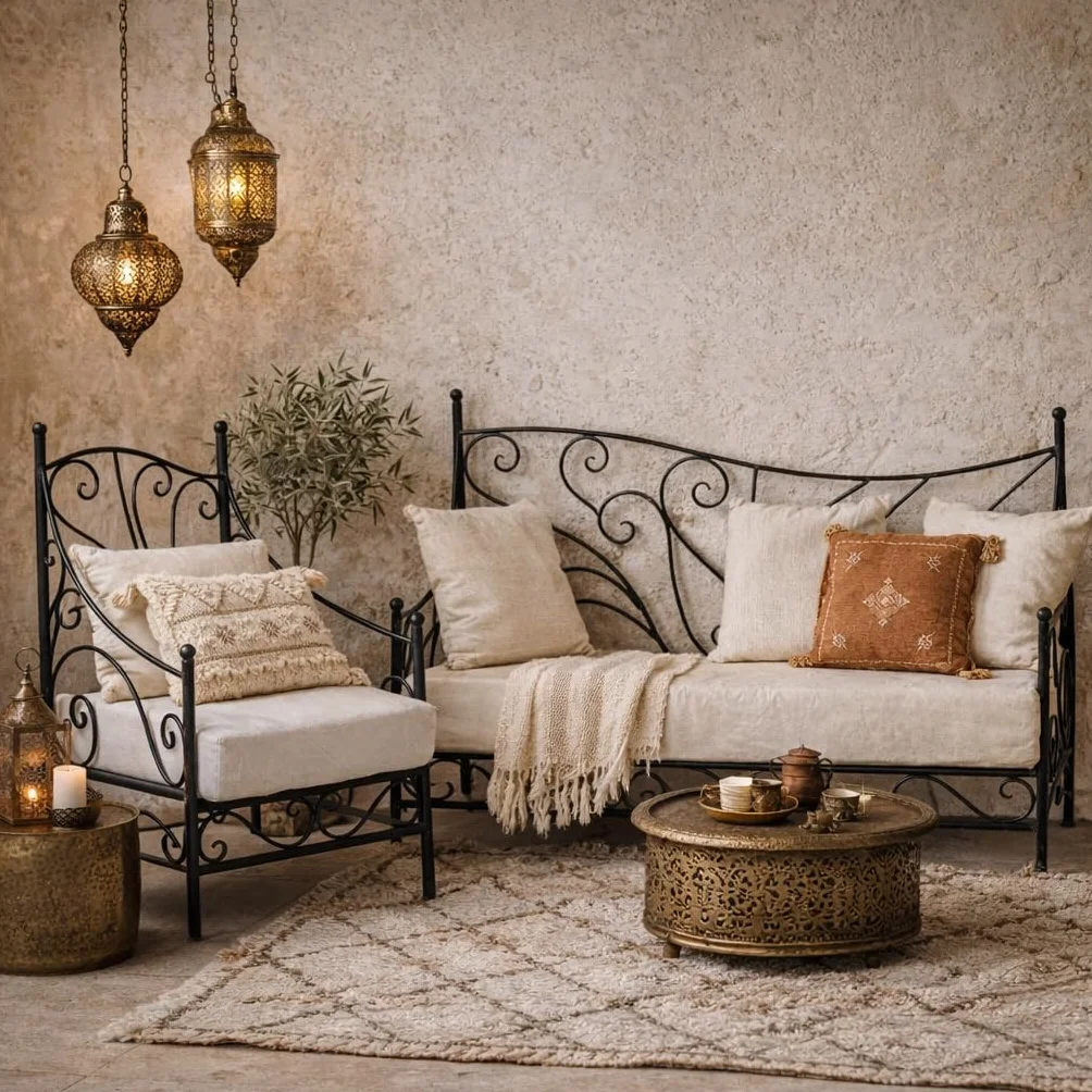 Murcia orientalny fotel ogrodowy z metalu, rozmiar 60 cm, marokańskie krzesło ogrodowe z poduszką do siedzenia, poduszka na krzesło, śródziemnomorskie meble ogrodowe jako dekoracja ogrodu, na taras