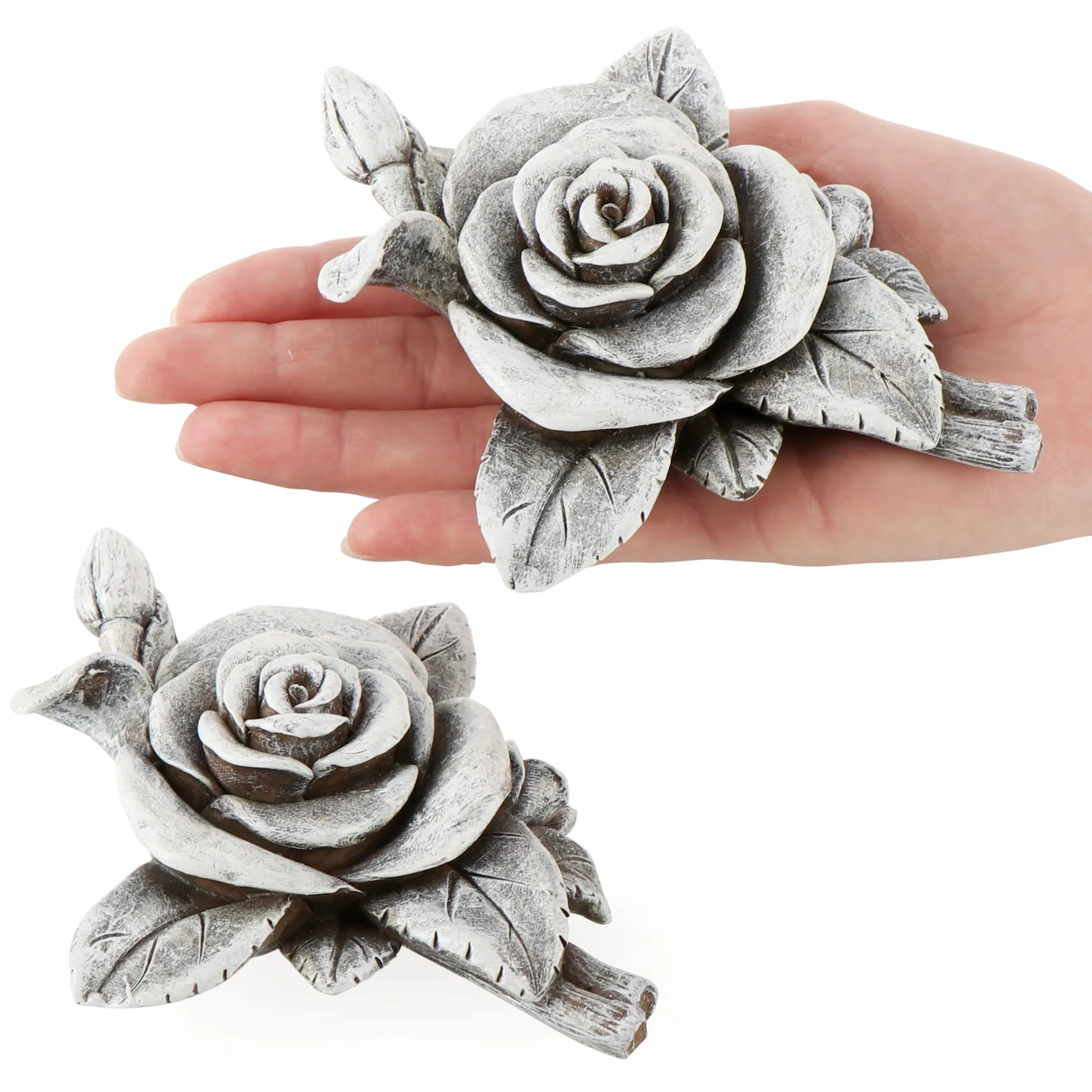 com-four® 2x dekoracja nagrobna róza - kamien pamieci nadziei i czystosci - odporny na warunki pogodowe ornament cmentarny - ozdoba ogrodowa w wygladzie kamienia (2 sztuki - kwiat rózy)