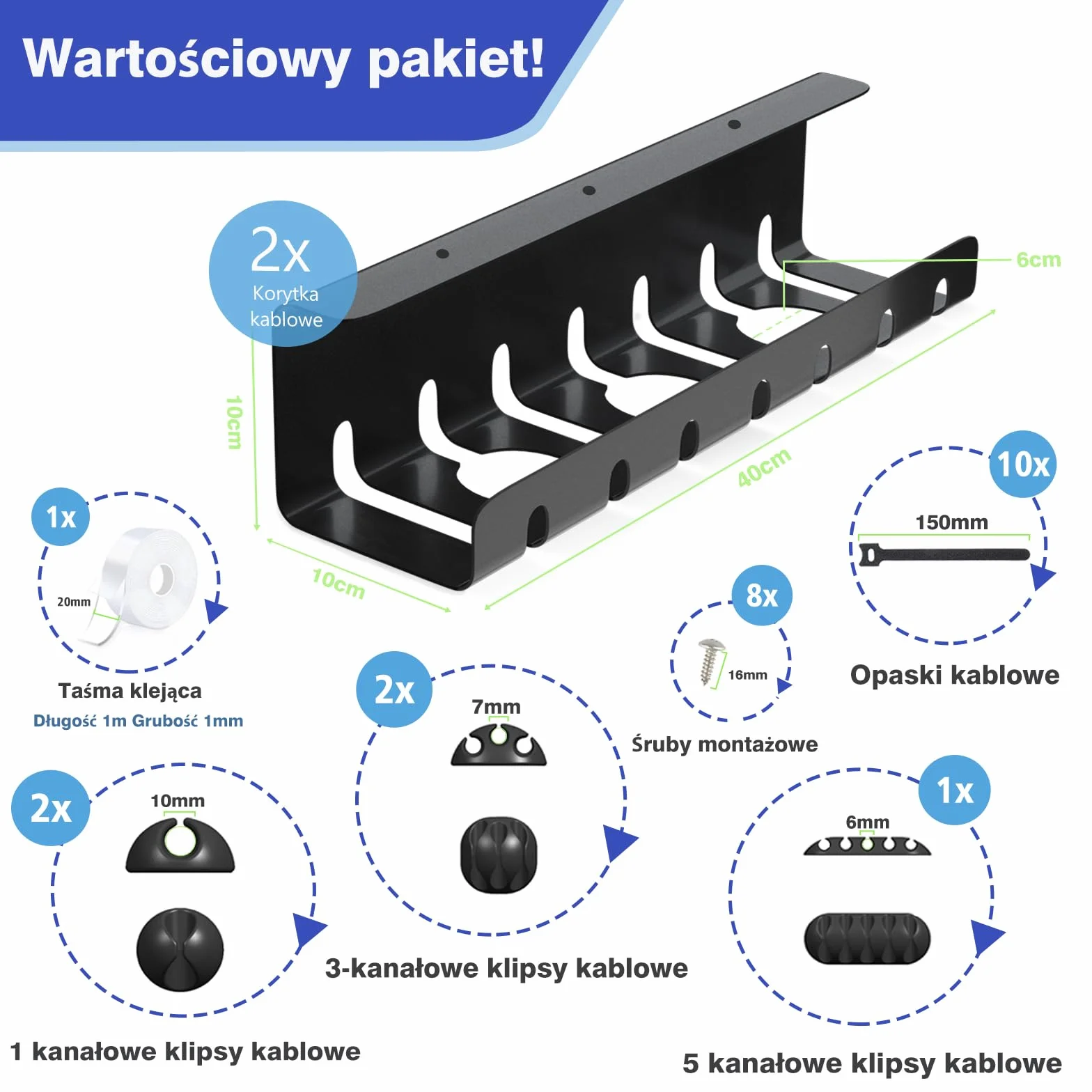 Kanał Kablowy na Biurko, HOMMAND Zestaw 2 Kanałów Kablowych Biurka, Obsługiwane Wiercenie i Samoprzylepne, Zarządzanie Kablami Biurkowymi do Utrzymania Porządku na Biurku do Biura i Domu