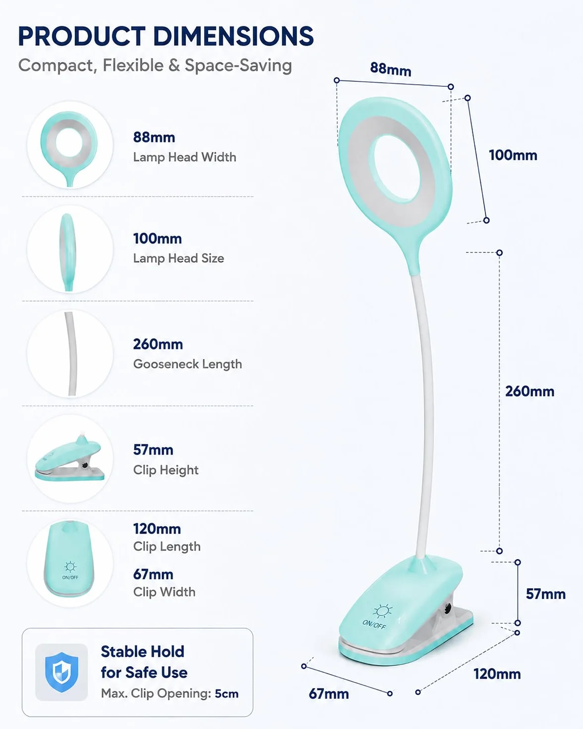 Lampka Zaciskowa do Łóżka dla Dzieci, LED Lampka do Czytania z Klipsem USB, 3 Kolory Światła, Dotykowe Ściemnianie, Lampka Nocna z Elastycznym Ramieniem do Pokoju Dziecka, Łóżka Piętrowego,niebieska