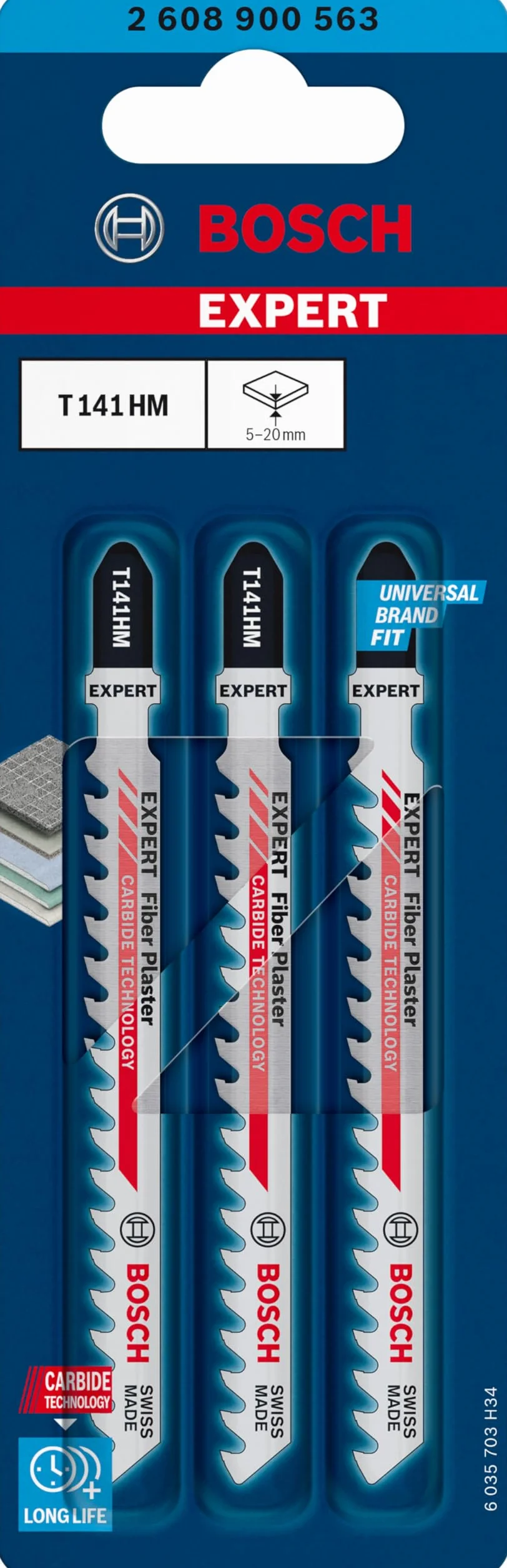 Bosch 3x Brzeszczot do wyrzynarki EXPERT Fiber Plaster T141HM (do Płyty z cementem włóknistym, Płyta gipsowo-kartonowa, Długość 100 mm, Professional Akcesoria Wyrzynarka)