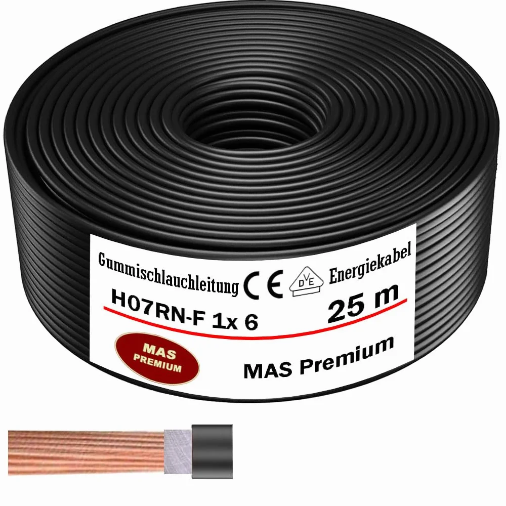 Przewód gumowy od 5 do 100 m, kabel zasilający na plac budowy H07RN-F 1 x 6 mm², elastyczny przewód do ciężkich urządzeń (25 m)