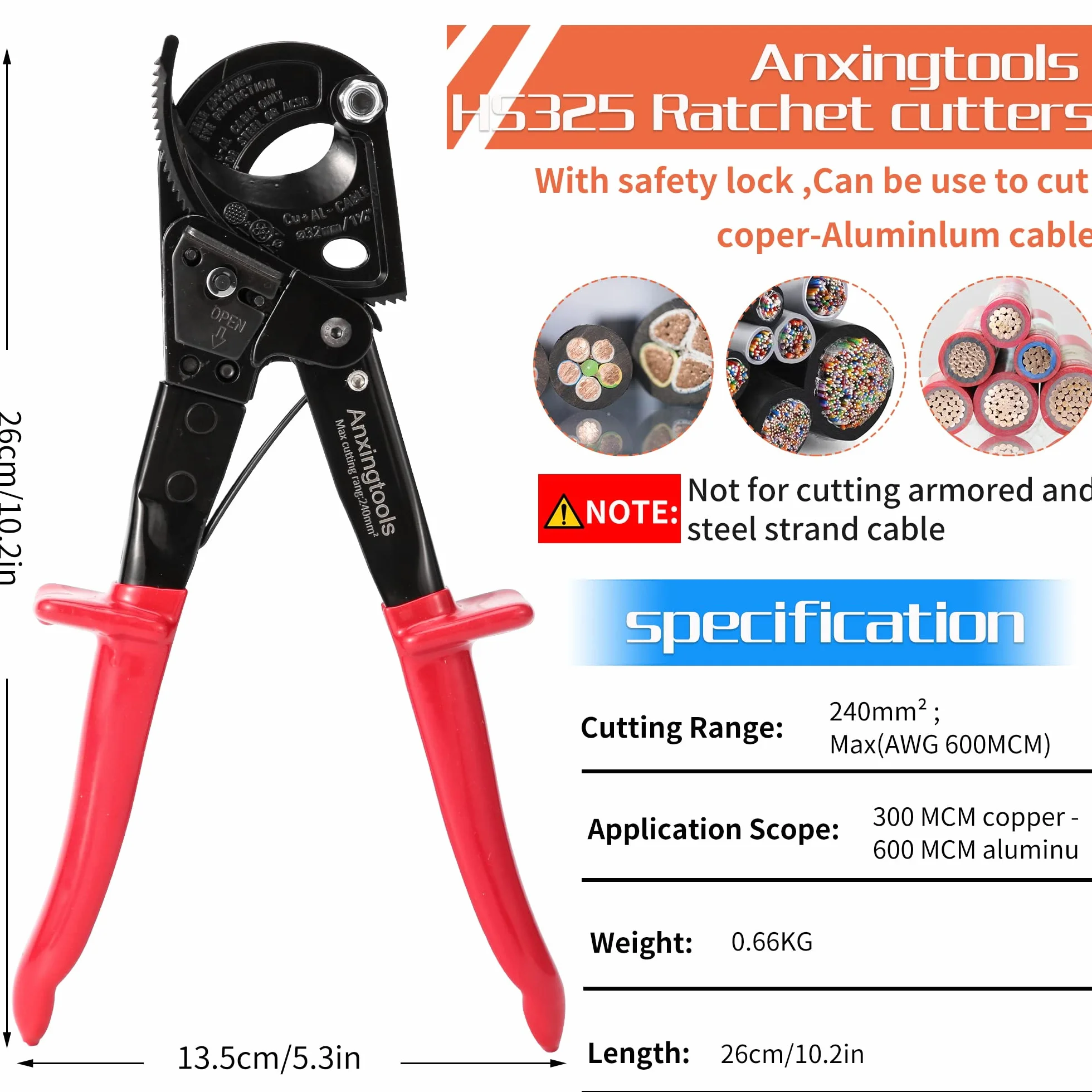 Anxingtools nożyce do drutu z grzechotką, do kabli aluminiowych i miedzianych do 240 mm² (HS325)