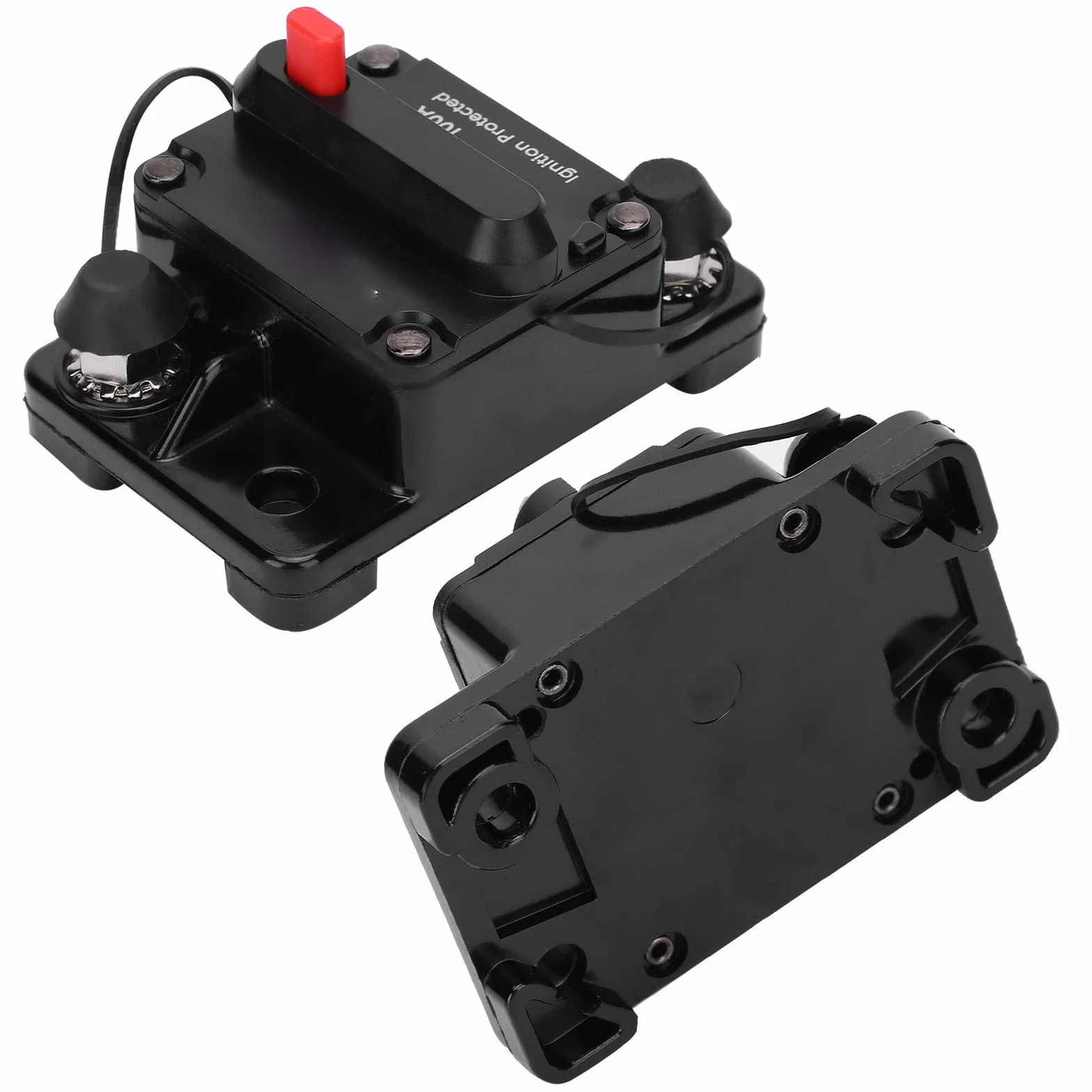 Wyłącznik automatyczny, uchwyt bezpiecznika z automatycznym resetowaniem, wodoodporny wyłącznik automatyczny z czerwonej miedzi DC12-42V, z wodoodporną plastikową osłoną ochronną (100 A)