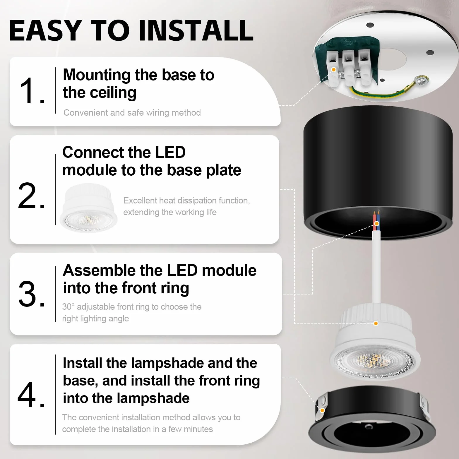GeyouLux 6x czarne reflektory sufitowe - ekstra płaskie i obrotowe o 38° - Ø80 x 50 mm - obrotowy reflektor - 5 W 500 lm 3000K - moduł LED 230 V w zestawie - Aluminiowa lampa sufitowa LED