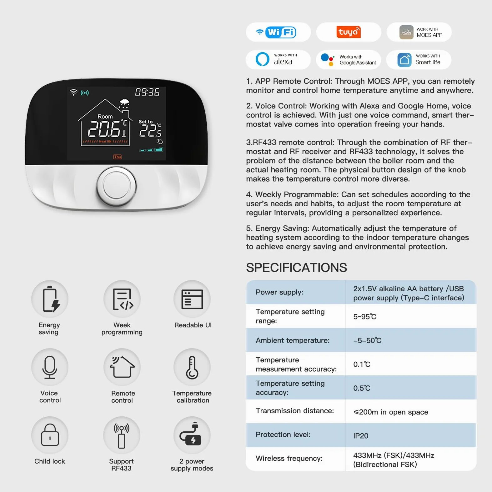 Bezprzewodowy termostat RF WIFI bezprzewodowy termostat Wi-Fi, kompatybilny z Alexa Google, do kotła gazowego