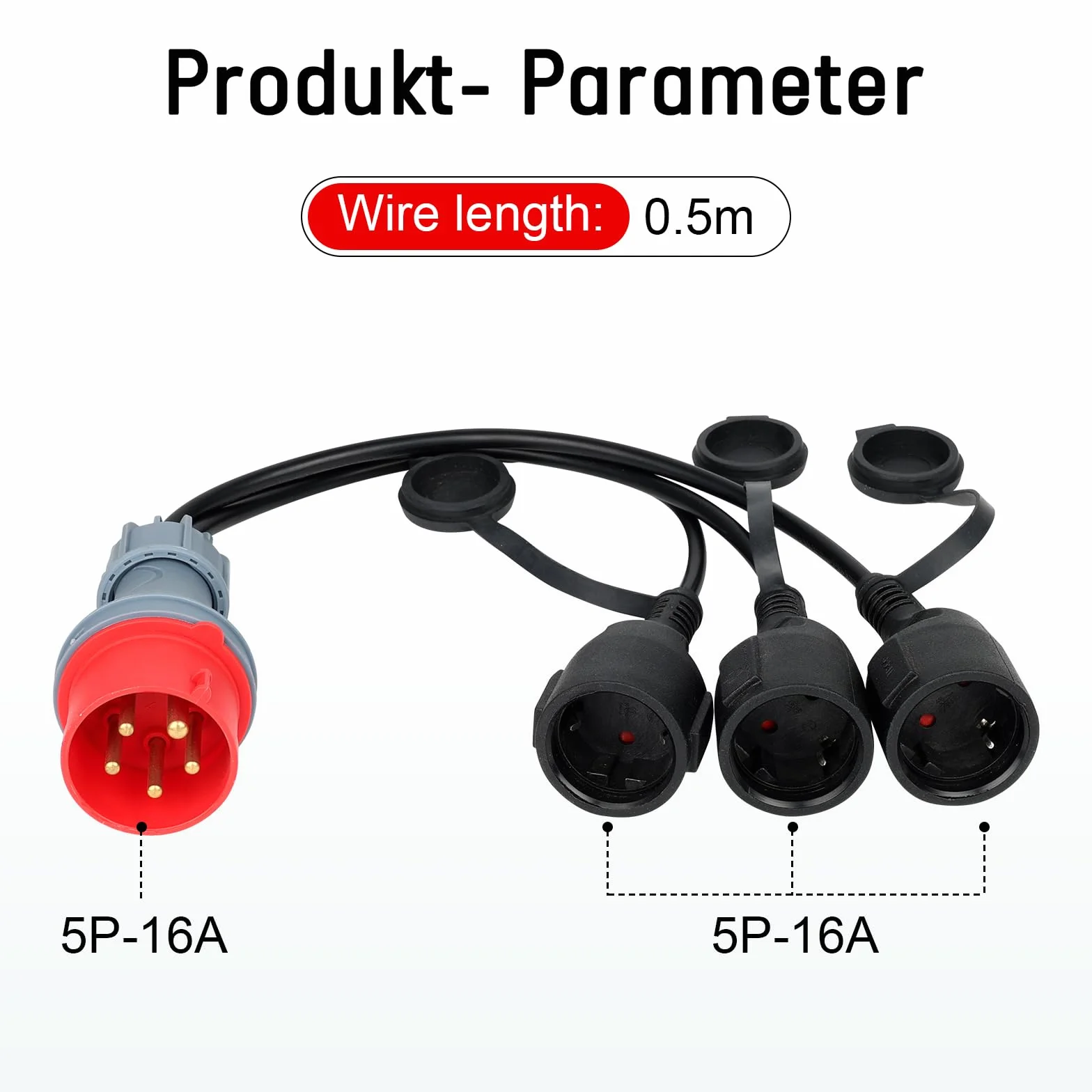 CEE Adapter rozdzielacz prądu 400 V, 16 A, wtyczka na 3 x 230 V, przedłużacz, kabel przedłużający, kempingowy przewód adaptera CEE z pokrywą na zawiasach i wtyczką z zestykiem ochronnym