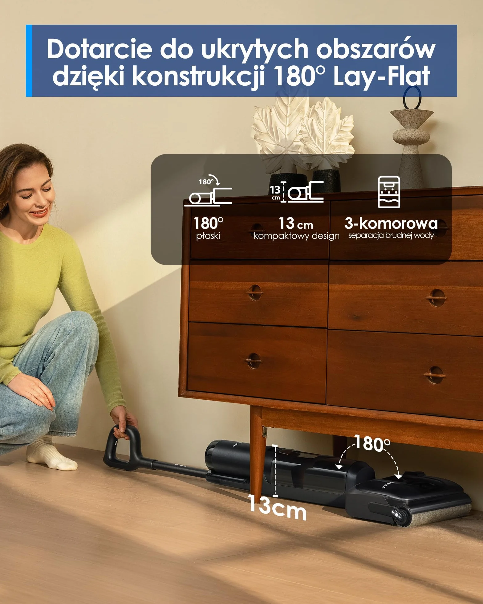 Tineco Floor ONE S7 Stretch Ultra Bezprzewodowy Odkurzacze na sucho i mokro, zapobiegająca splątaniu 180°, czas pracy 50 minut, samooczyszczanie Flashdry 85℃, dwustronne czyszczenie krawędzi