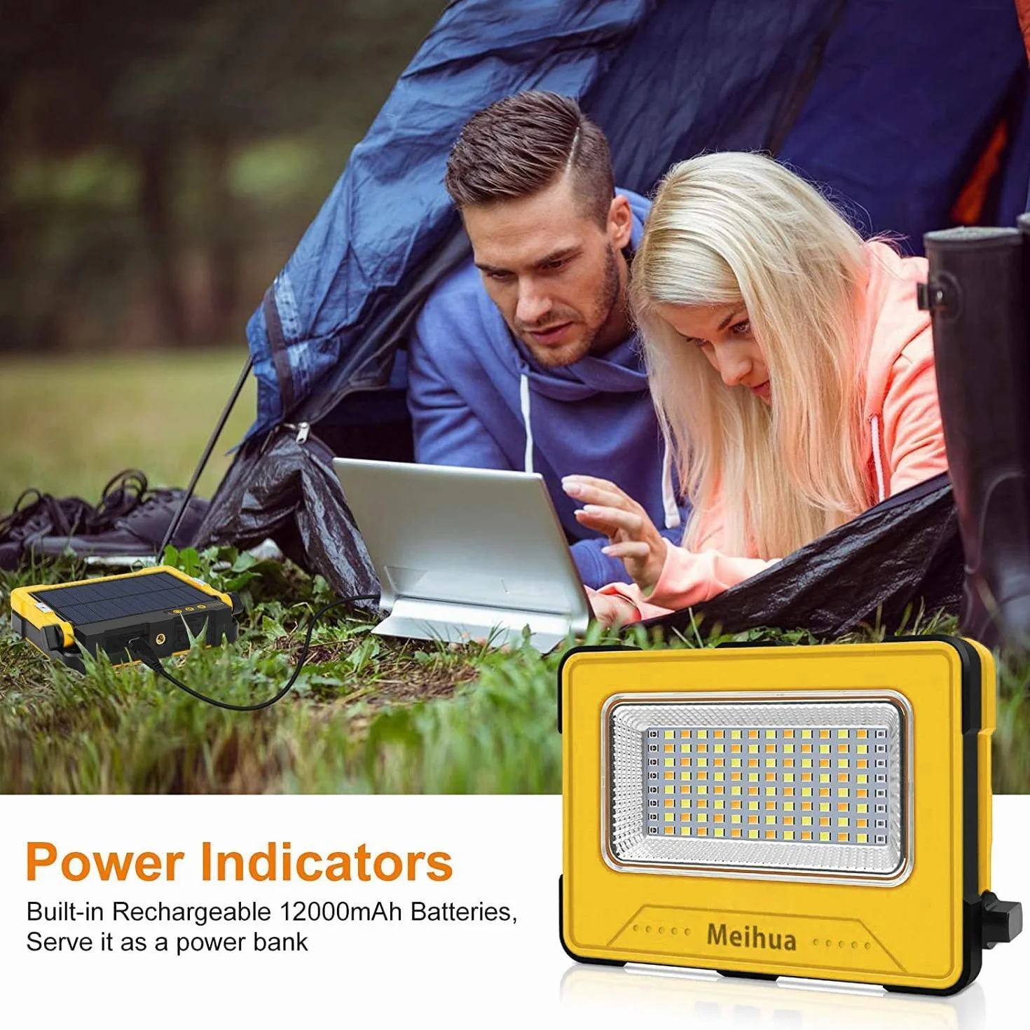 MEIHUA Lampa robocza LED 60W z akumulatorem 12000mAh, przenośny reflektor budowlany LED, ładowalna lampa kempingowa, 4 tryby świecenia, ładowanie solarne i USB, lampa akumulatorowa do placu budowy