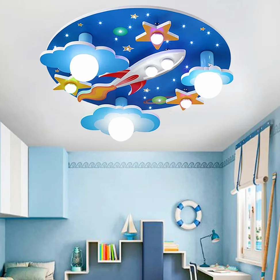 Universe rakieta lampa sufitowa gwiazda oświetlenie dziecięce E27 drewno rzemiosło szkło oświetlenie ultracienka lampa do holu biała lampa LED pokój dziecięcy sypialnia salon pokój dziecięcy kreskówka światła żyrandol