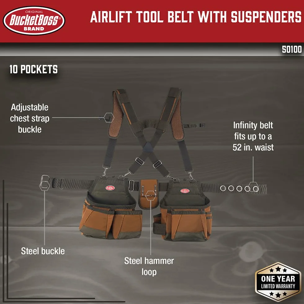 Bucket Boss - Pas narzędziowy Airlift z szelkami, paski narzędziowe - seria oryginalna (50100) z 12 kieszeniami, brązowy, 132 cm