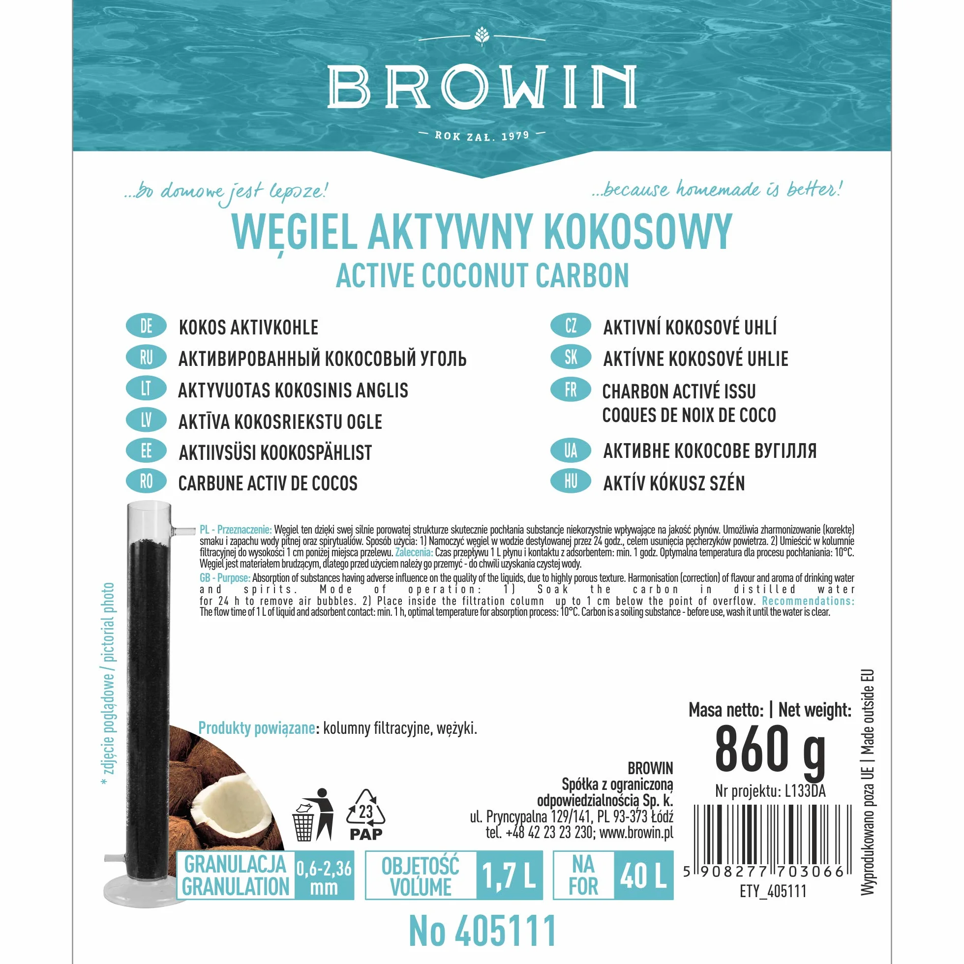 Browin 405111 Węgiel aktywny kokosowy 0,86 kg, do destylacji wody, do lasów w słoiku, ogrodnictwa