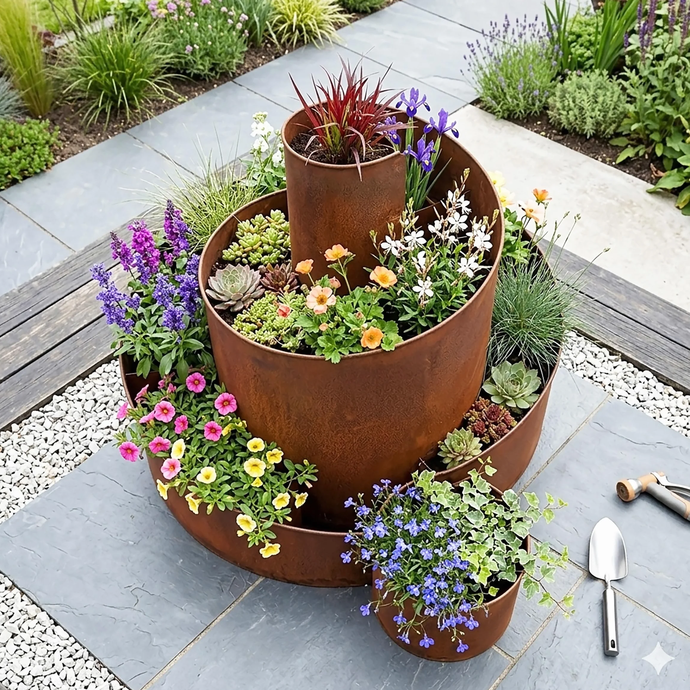 Spetebo Spirala ziołowa z żelaza Edelrost 3 poziomy 58 x 43 cm metalowy ślimak ziołowy naturalnie rdzawy 5 komór do sadzenia dekoracja ogrodowa