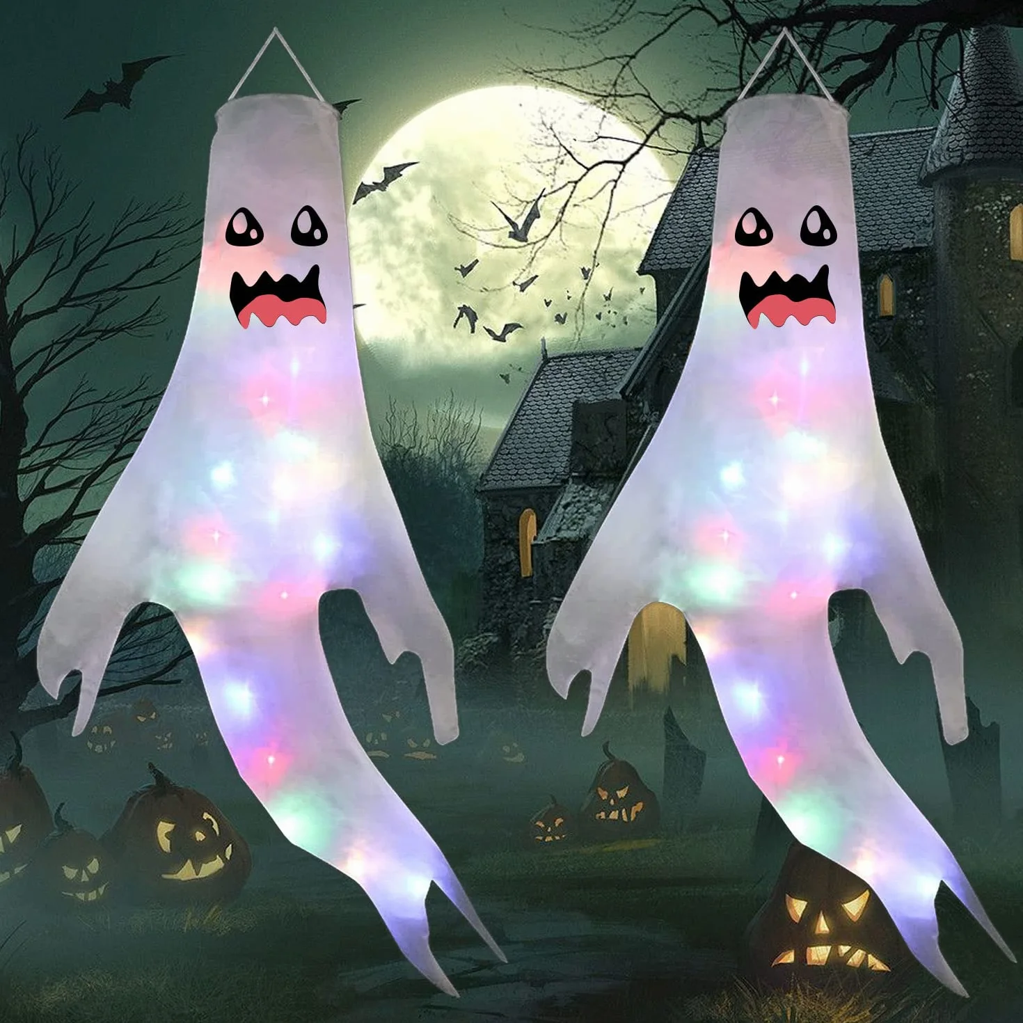 Halloween Dekoracja Duchów z Diodą LED Koraliki Lampy Windsock Flaga 2szt.
