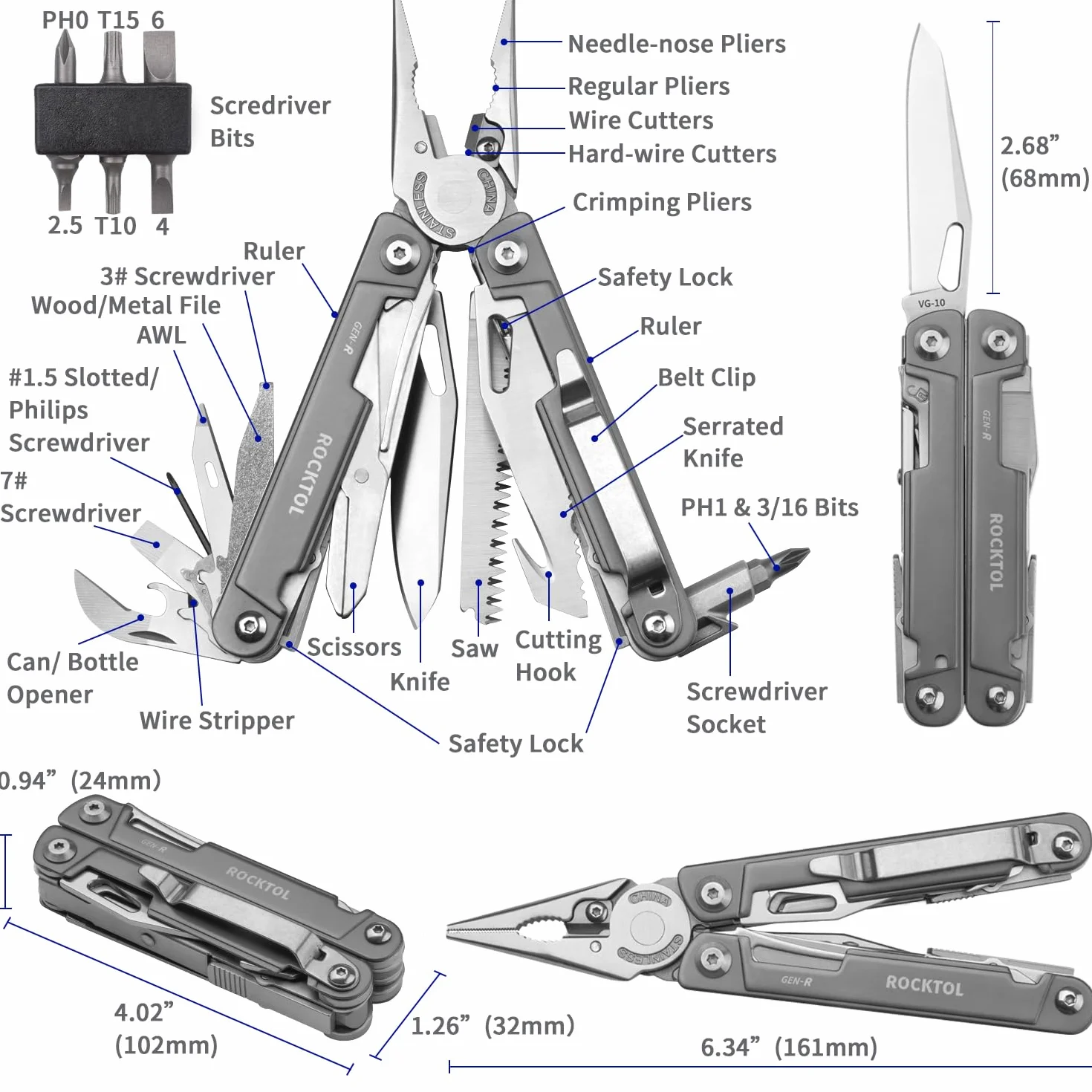 ROCKTOL Szczypce wielofunkcyjne, nóż kieszonkowy EDC Multitool VG10, narzędzie wielofunkcyjne 27 w 1, z uchwytem pokrytym tytanem, precyzyjny śrubokręt, hak do polowania, wędrówek z plecakiem