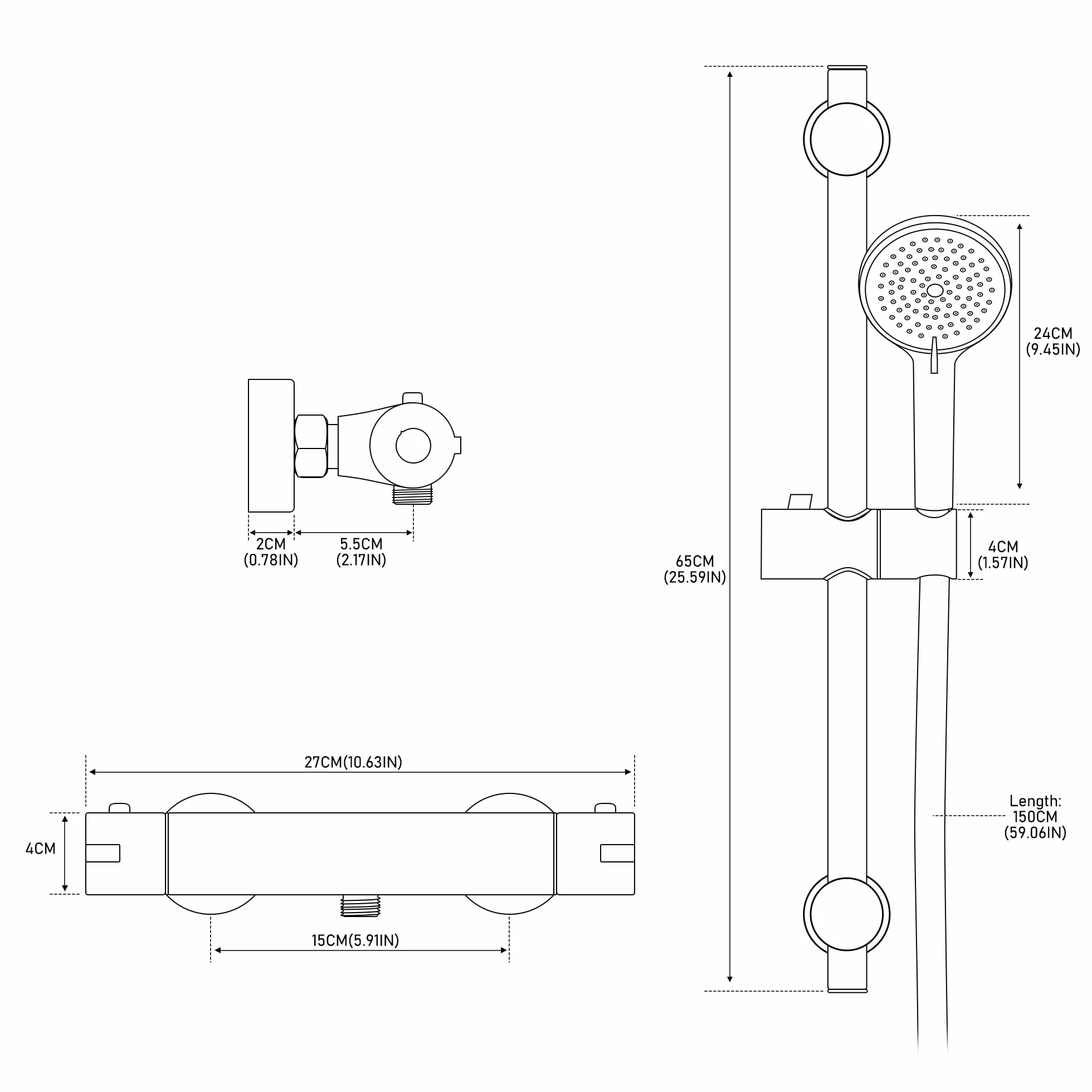 MORADO Czarny mieszacz prysznicowy z 70 cm regulowanym zestawem szyn podnoszących, termostatyczny drążek prysznicowy montowany na ścianie z wężem 150 cm i 3-funkcyjną głowicą prysznicową, chrom
