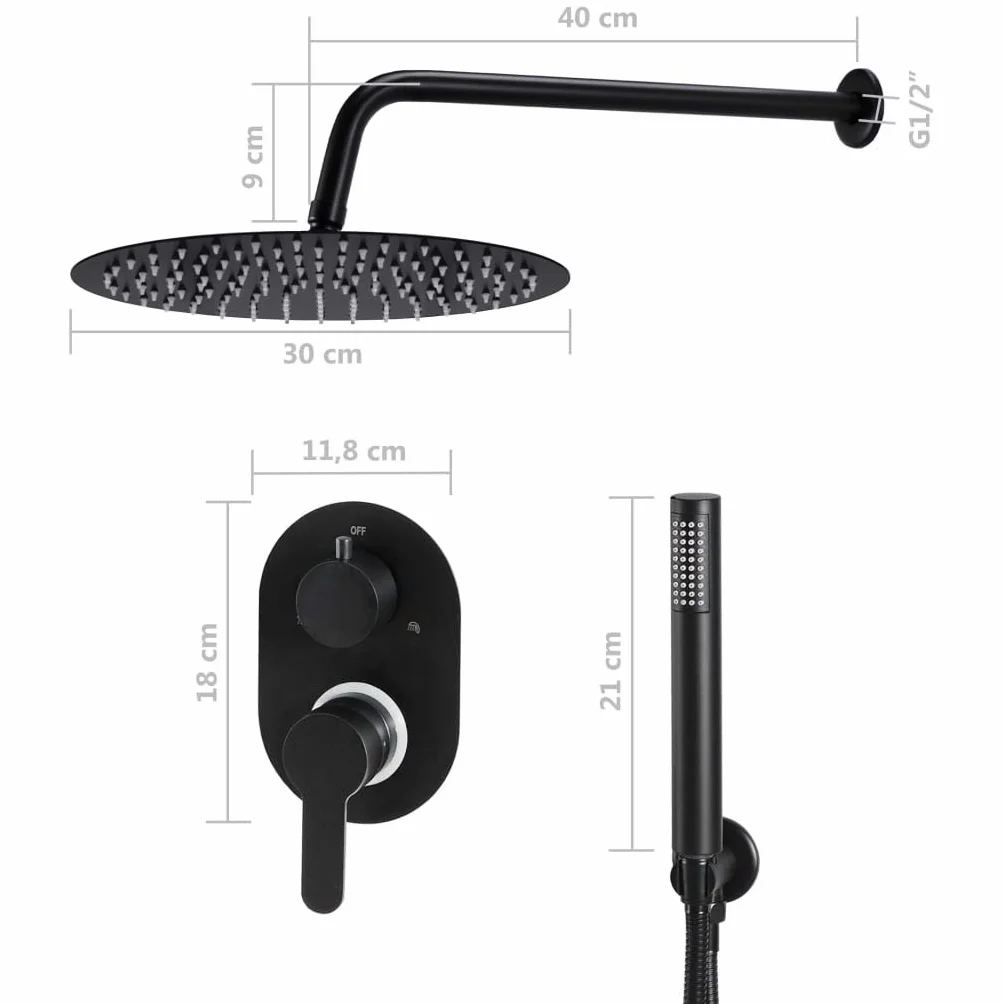 System prysznicowy ze stali nierdzewnej 201 czarny z głowicą prysznicową 30 x 30 cm, słuchawka prysznicowa, wąż 150 cm, przyłącze G 1/2, 140 silikonowych dysz, wanna i kabina prysznicowa