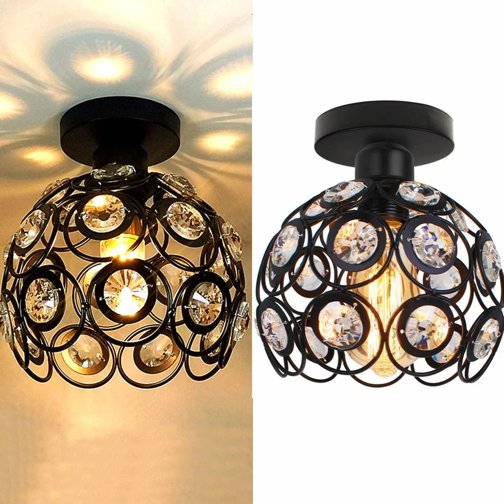 iDEGU Zestaw 2 nowoczesnych lamp sufitowych z kryształu i metalu, przemysłowa oprawa oświetleniowa E27, klosz podświetlenie do sypialni, wejścia do korytarza, 20 cm (czarny)