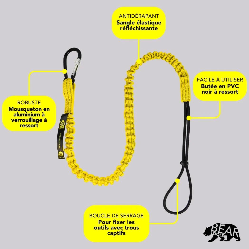 BearTOOLS Smycz narzędziowa z paskiem klamrą - klips bungee sznur - wytrzymały karabińczyk blokujący śrubę - ochrona przed upadkiem - regulowana pętla - wytrzymały pas - konstrukcja - 5 opakowań (żółty 0925YS)