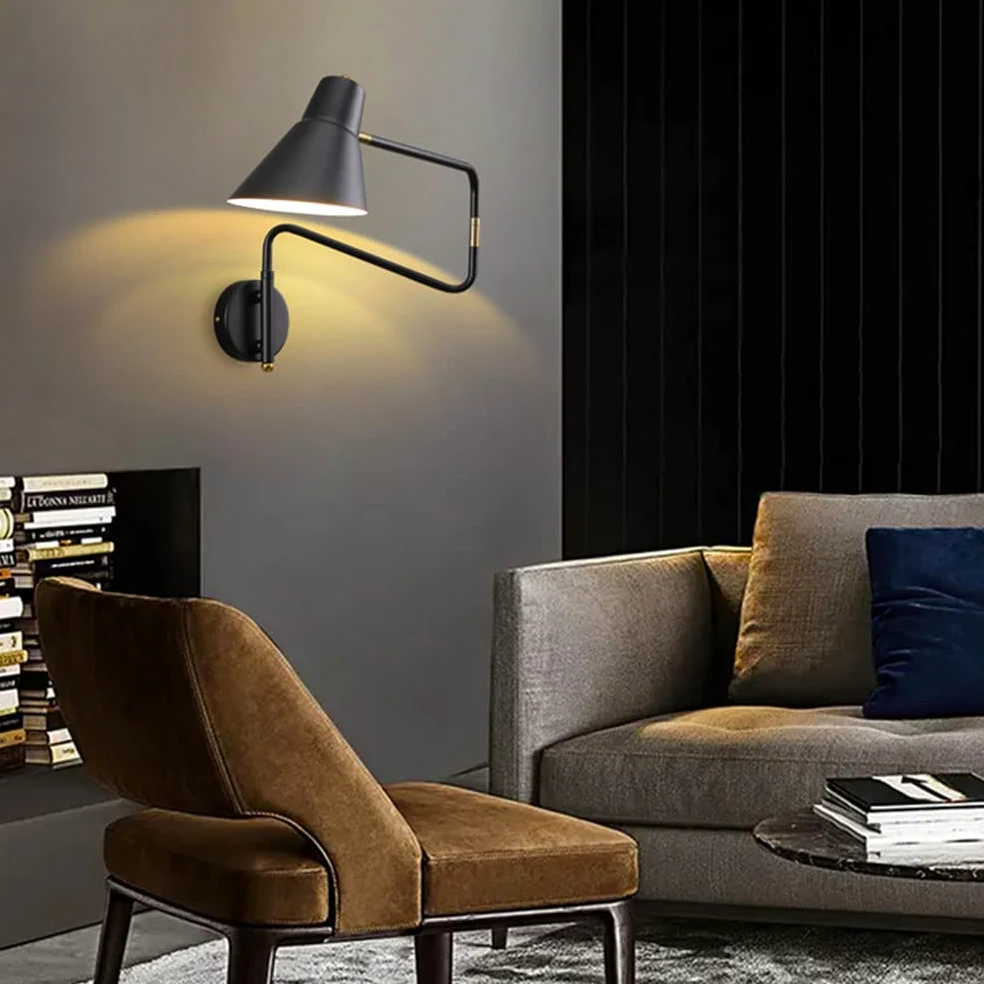 Lampa ścienna przemysłowy z włącznikiem i wtyczką, Kinkiet Regulowany Metalowy Długi Ramię, Lampy ścienne do czytania z kablem Regulowana lampka nocna sypialnia lampa do salonu wewnętrzne E27,Black