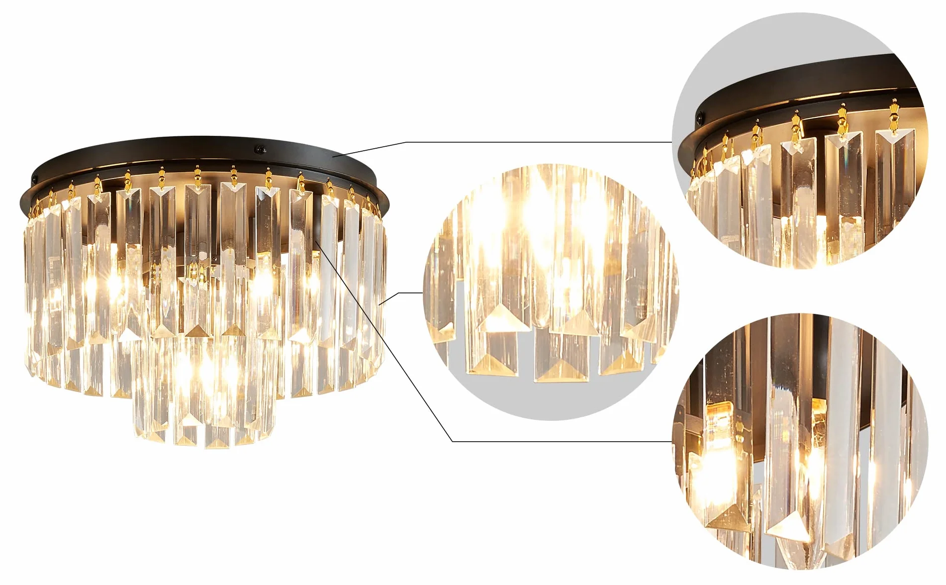 AGV LIGHTING Kryształowa lampa sufitowa, nowoczesna, półpodtynkowa lampa sufitowa, D12 x H8, podstawa E12 3 lampy, czarne wykończenie