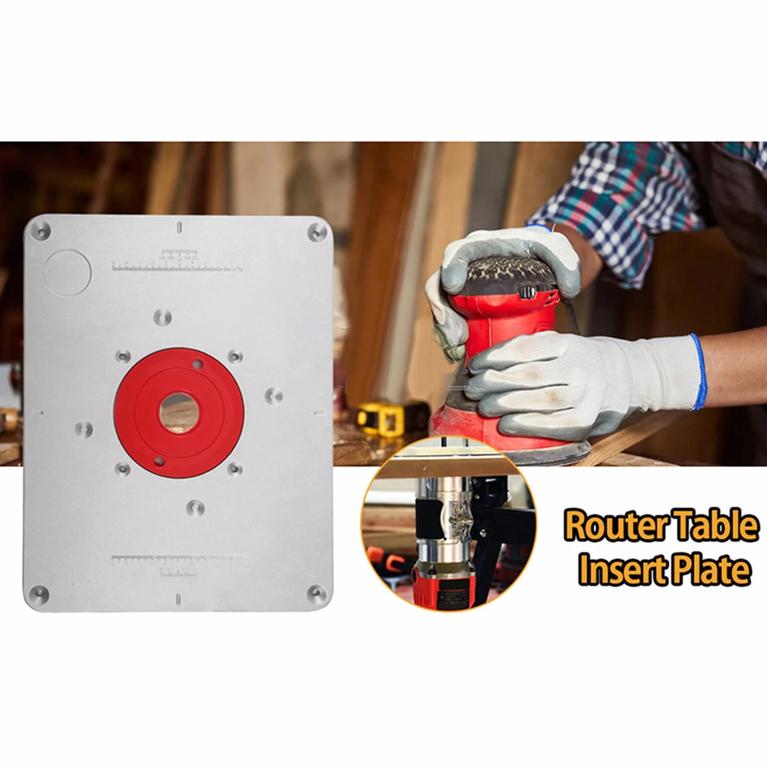 Płyta wkładana do stołu routera z kołkiem prowadzącym, pierścienie zatrzaskowe, router ze stopu aluminium, ławka do obróbki drewna, 30 x 23,5 x 0,9 cm