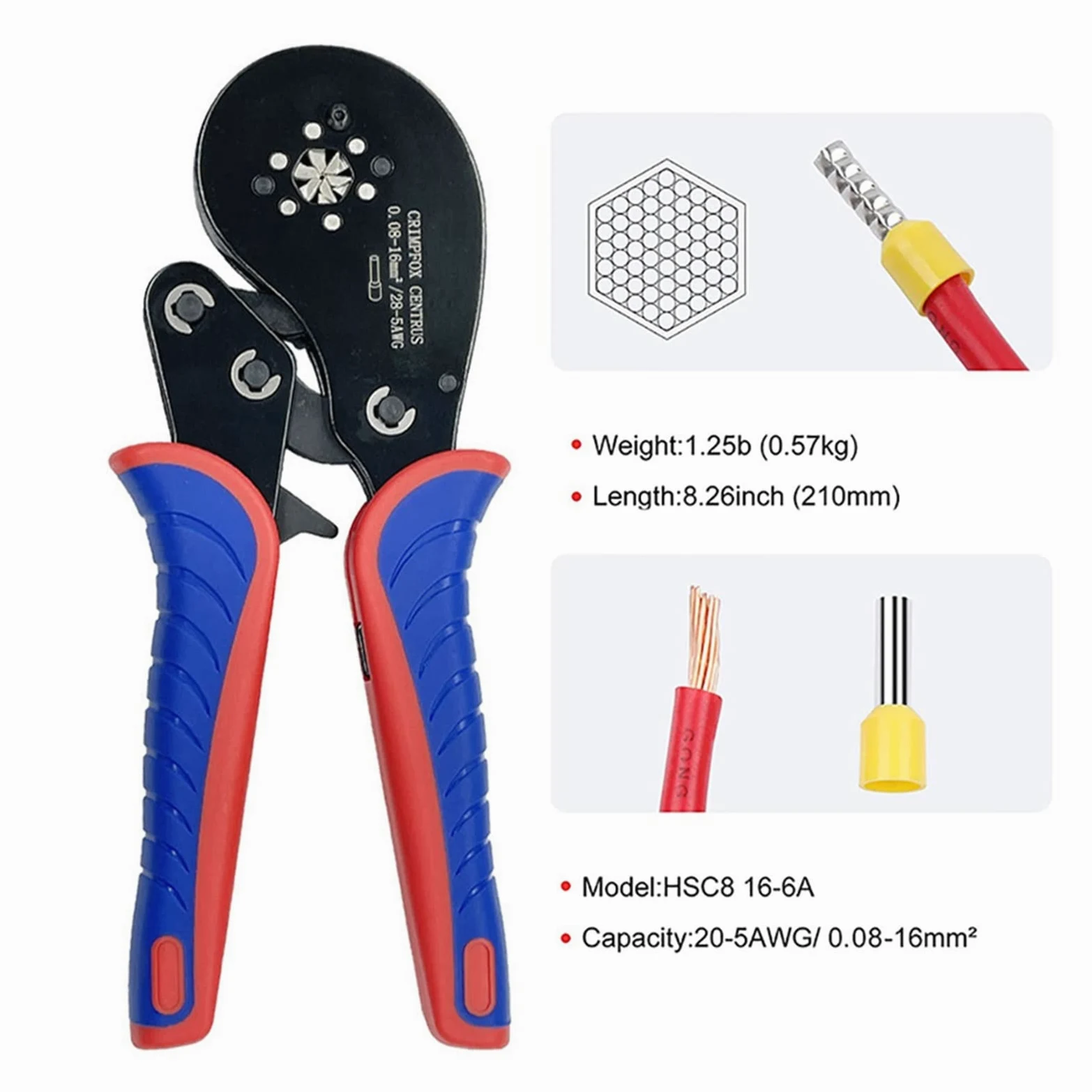 HSC8 16-6 0.08-16mm² zestaw szczypiec do zaciskania końcówek rurowych narzędzie do zaciskania złączy tulejowych precyzyjny zestaw zacisków elektrycznych perfection (Color : HSC8 16-6)