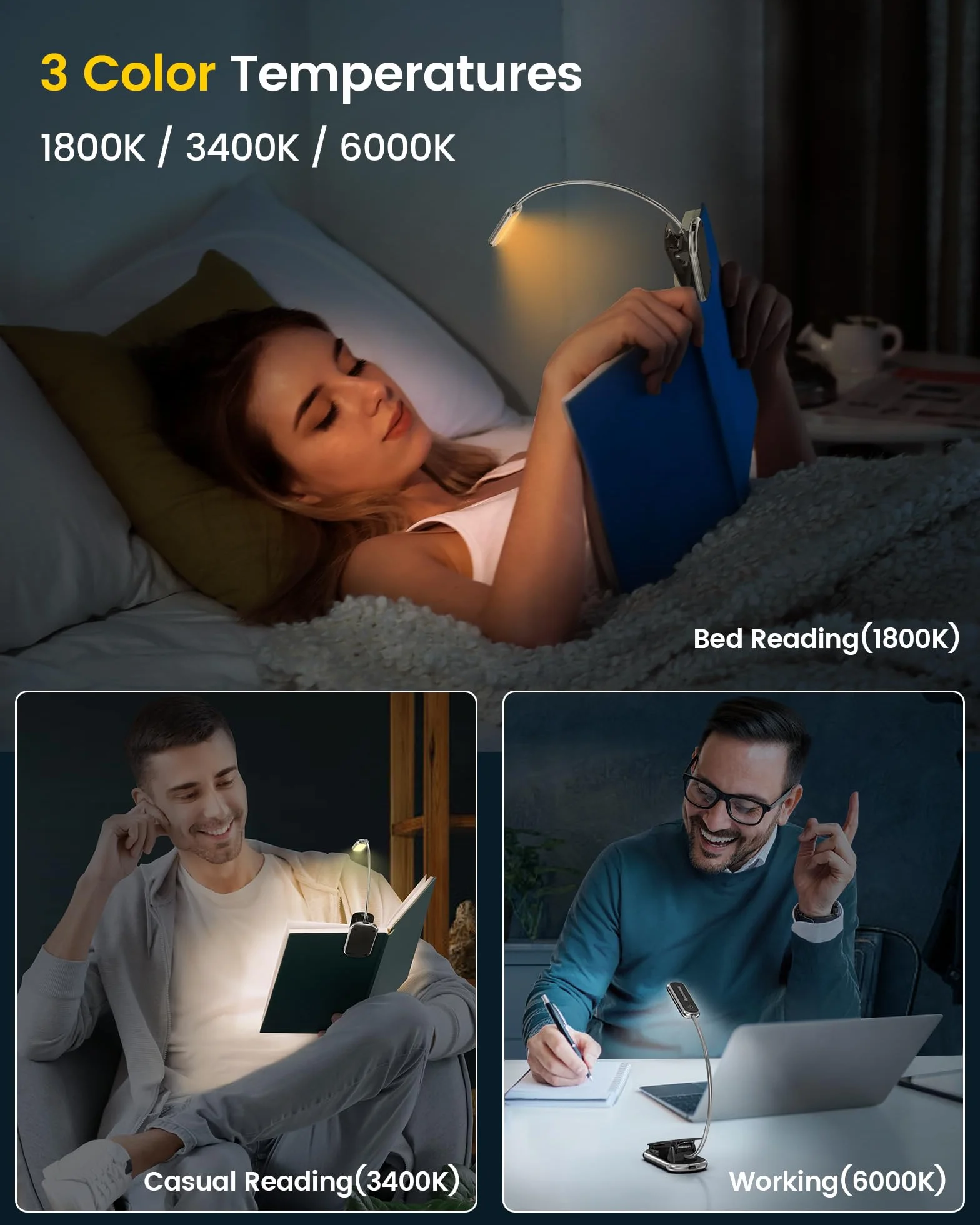 Glocusent Posh Premium lampka do czytania do książek w łóżku z timerem, 16-LED ładowalna lampka do czytania działa 160 godzin, 1800K Eyecare Clip na lampce do czytania, 3 kolory i 5 poziomów jasności (Czarny)
