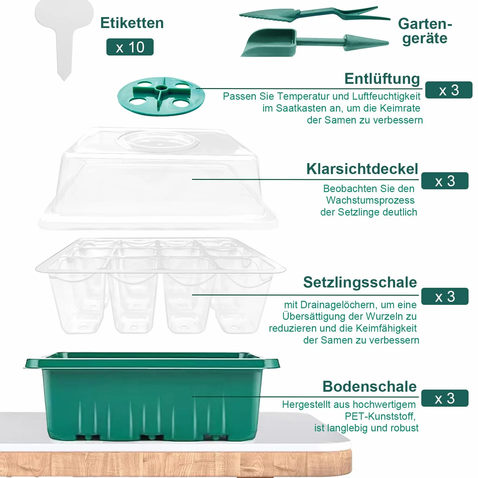 YUNSTK Mini szklarnia do uprawy roślin, 3 sztuki, skrzynka sadzonek, tace startowe, miski uprawa z pokrywką, zestaw 2 ziemie kokosowe