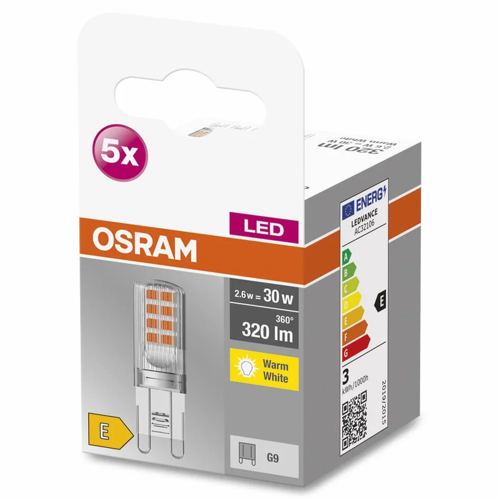OSRAM Lampa LED Star PIN G9, szkło przezroczyste, Ciepła biel (2700K), 320 Lumen, zamiennik dla 30W, 5-pak