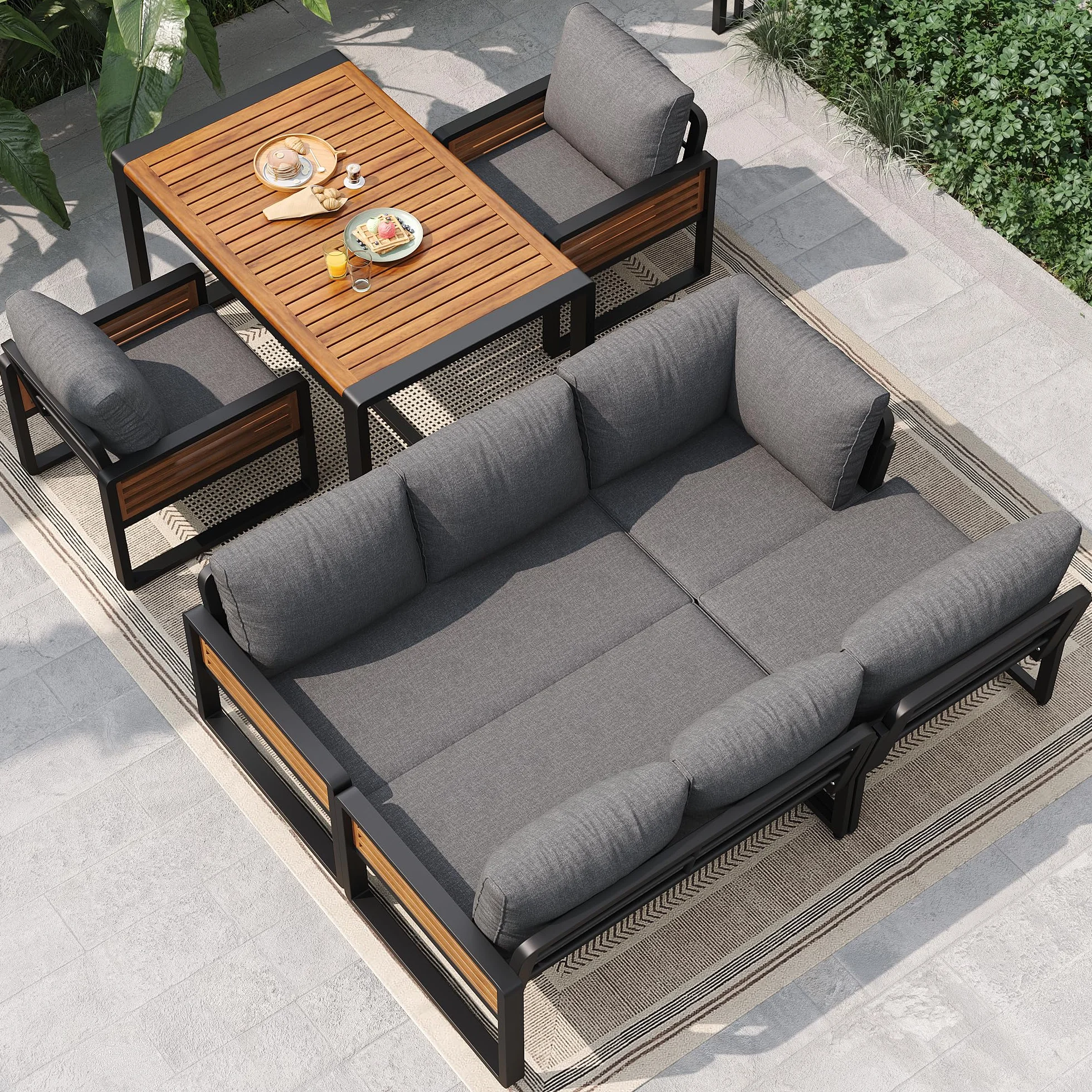 Dolamaní Zestaw wypoczynkowy ogrodowy dla 8 osób, zestaw mebli jadalnianych narożna sofa z 2 fotelami, sofa ogrodowa ze stołem jadalnym z litego drewna, regulowane nogi, wszystkie poduszki na