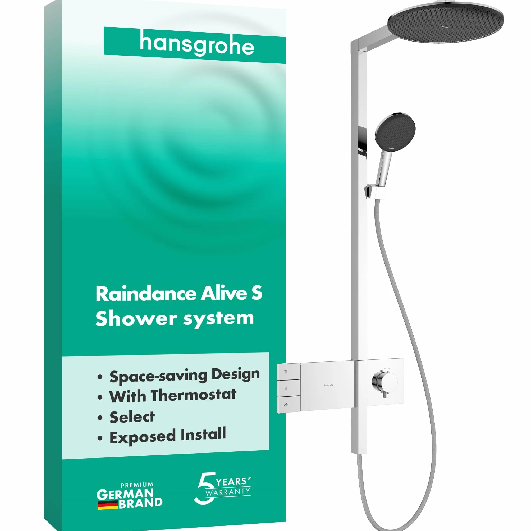 hansgrohe Raindance Alive S - komplet prysznicowy z termostatem, zestaw prysznicowy z główką prysznicowa, wąż, szyna i deszczownica 2-strumieniowa (PowderRain) (300 mm), chrom, 24595000