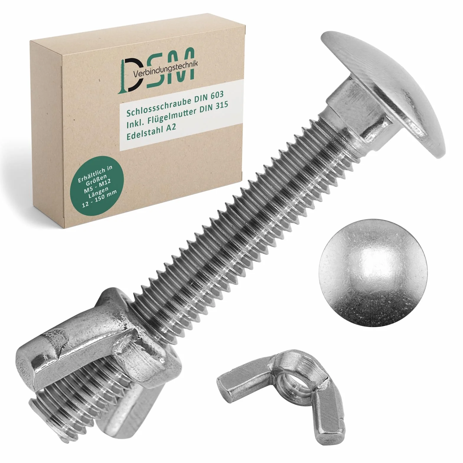 DSM – śruby zamkowe M12 x 65 mm zgodnie z DIN 603 – nakrętka motylkowa DIN 315 – stal szlachetna A2/V2A – pełny gwint – śruby z łbem płaskim z nasadką czworokątną – nakrętka motylkowa – 100 sztuk