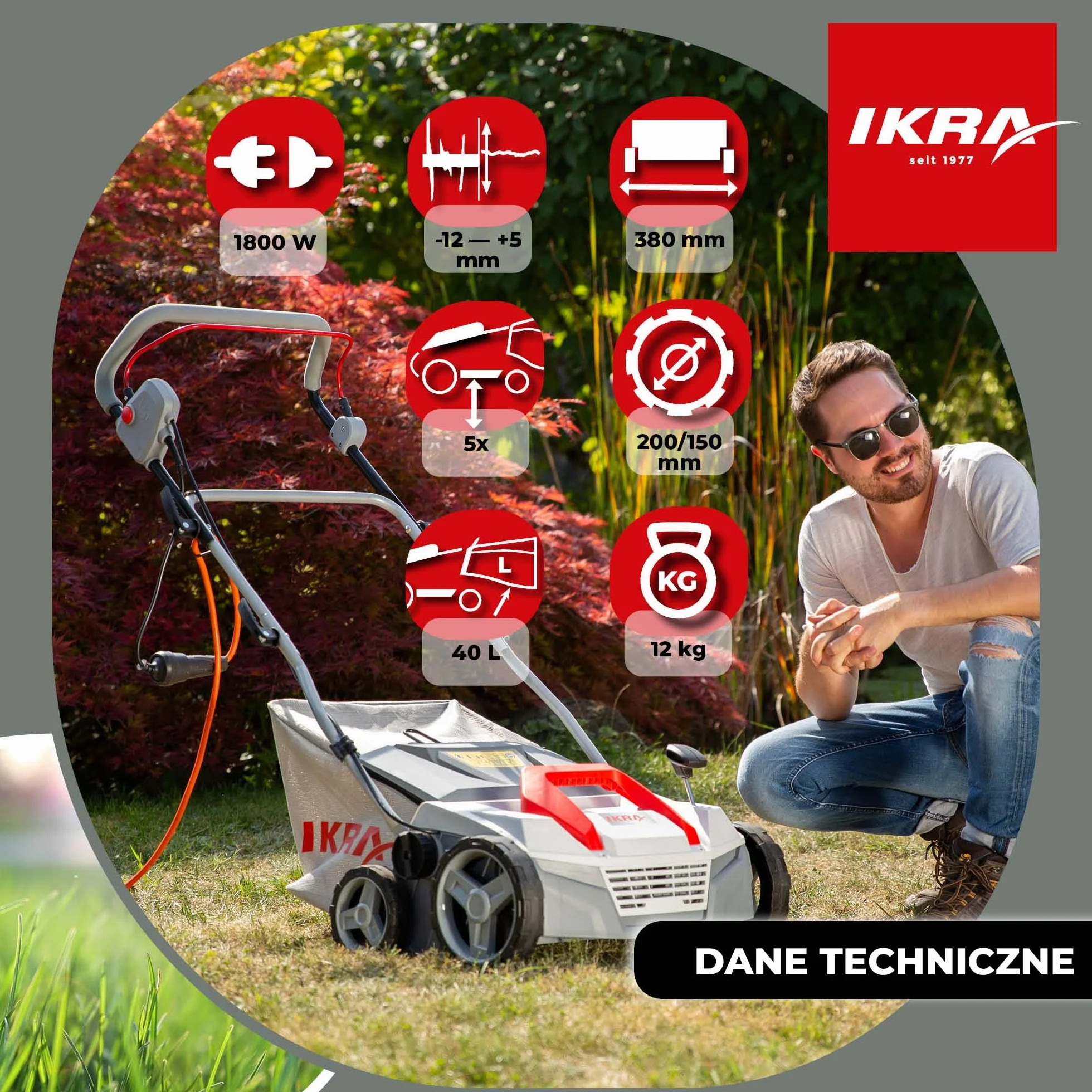 IKRA IEVL 1838 Elektryczny Aerator i Wertykulator, 38 cm, 40 l
