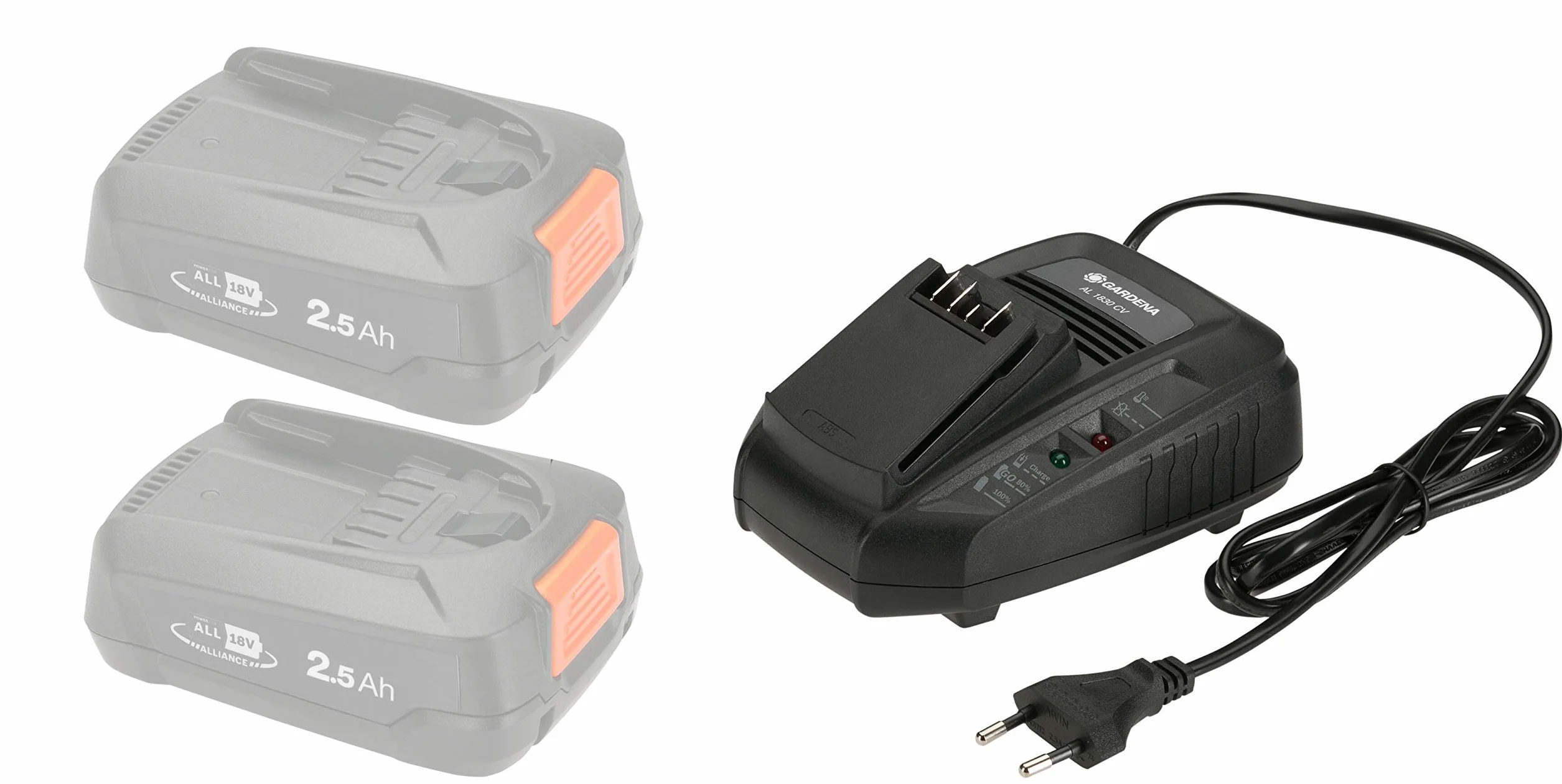 Gardena ładowarka do sz. ład. AL 1830 CV: Nadaje się do wszystkich akumulatorów 18V POWER FOR ALL, czas ładowania wynosi 60 min. dla akum. 2,5Ah, ze wskaźnikiem stanu LED (14901-20)