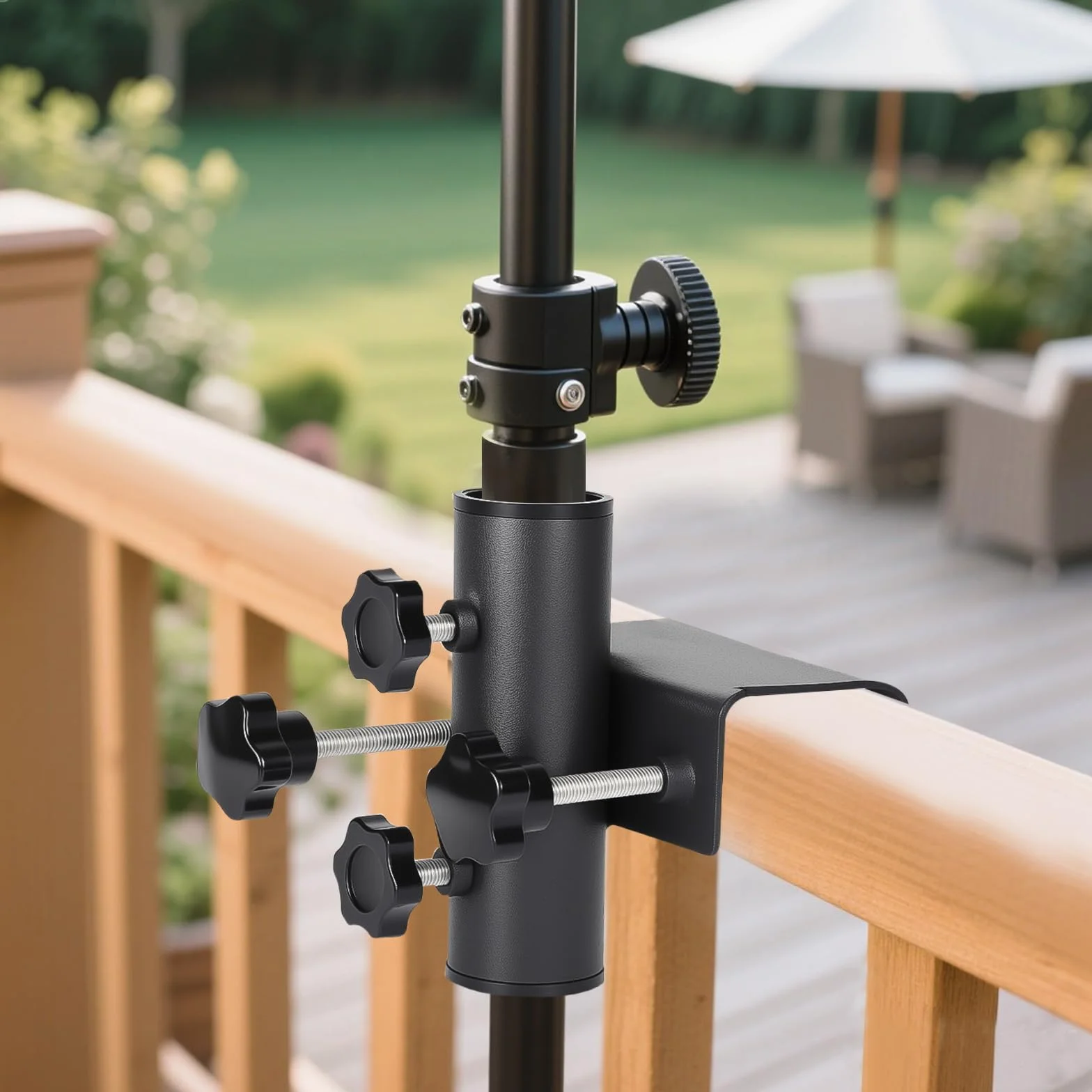 Uchwyt na parasol przeciwsłoneczny, na balkon, prostokątny, zaciskowy, regulowany uchwyt balkonowy do zaciskania 63-20 mm, średnica parasola 23-38 mm