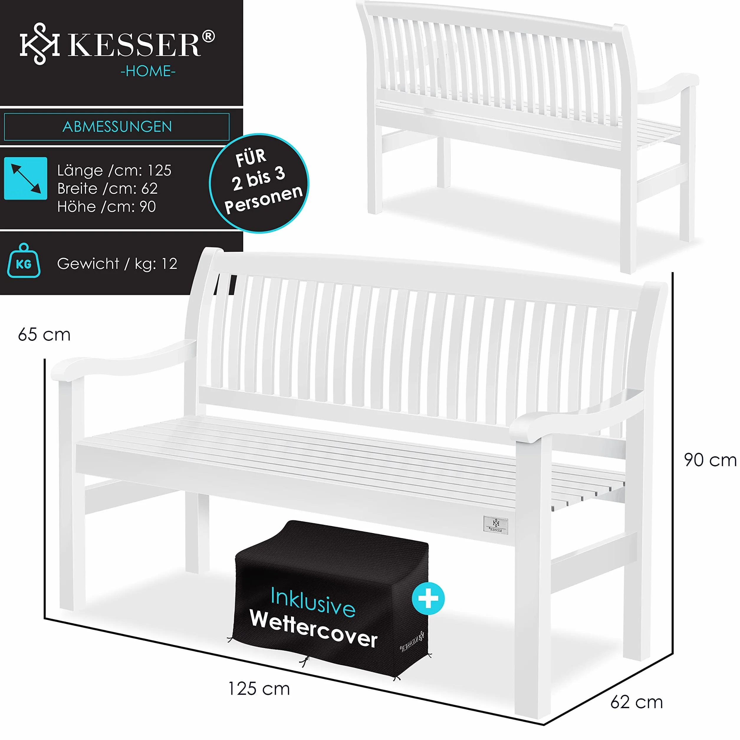 KESSER® Ławka ogrodowa z drewna odpornego na warunki atmosferyczne 125 cm, ławka ogrodowa 2-3 osobowa, ławka do siedzenia na zewnątrz, ławka balkonowa z litego drewna, ławka parkowa o ładowności 320